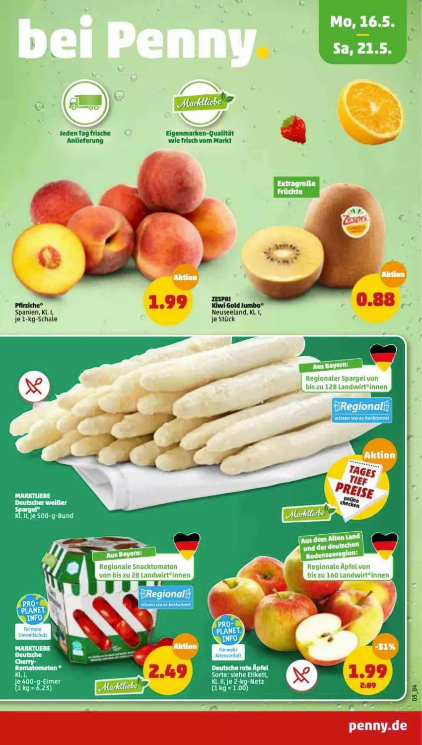 Aktueller Prospekt Penny - Prospekte - von 16.05 bis 21.05.2022 - strona 3 - produkty: apfel, Elan, jumbo, kiwi, Kiwi Gold, pfirsich, pfirsiche, Schal, Schale, snack, spargel, Ti, zespri