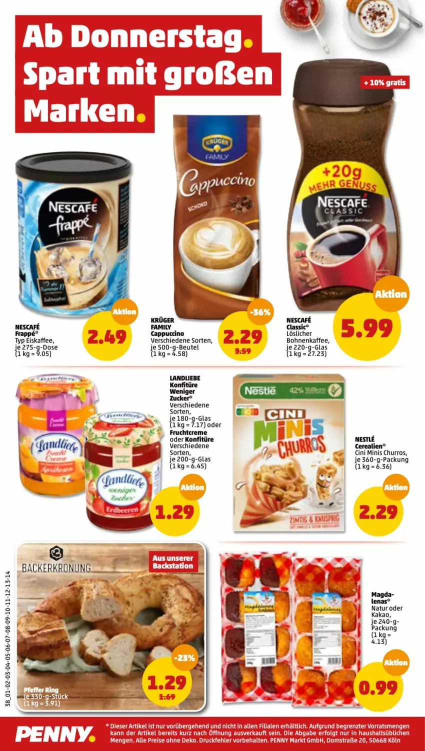 Aktueller Prospekt Penny - Prospekte - von 16.05 bis 21.05.2022 - strona 38 - produkty: beutel, bohne, bohnen, Cap, cappuccino, cerealien, cin, creme, eis, eiskaffee, frucht, kaffee, kakao, konfitüre, krüger, landliebe, LG, merl, natur, nescafe, tee, Ti, zucker