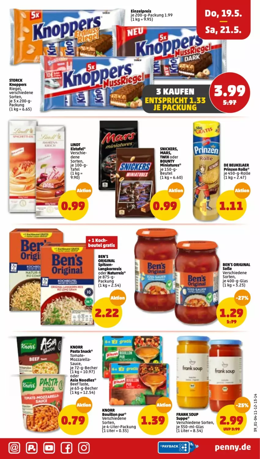 Aktueller Prospekt Penny - Prospekte - von 16.05 bis 21.05.2022 - strona 39 - produkty: Becher, beef, Ben’s Original, beutel, bounty, de beukelaer, eis, Elan, gin, knoppers, knorr, knorr pasta, korn, Langkornreis, lindt, mars, mozzarella, natur, pasta, pasta snack, prinzen rolle, reis, rel, riegel, sauce, snack, snickers, Soße, storck, suppe, Ti, tomate, twix