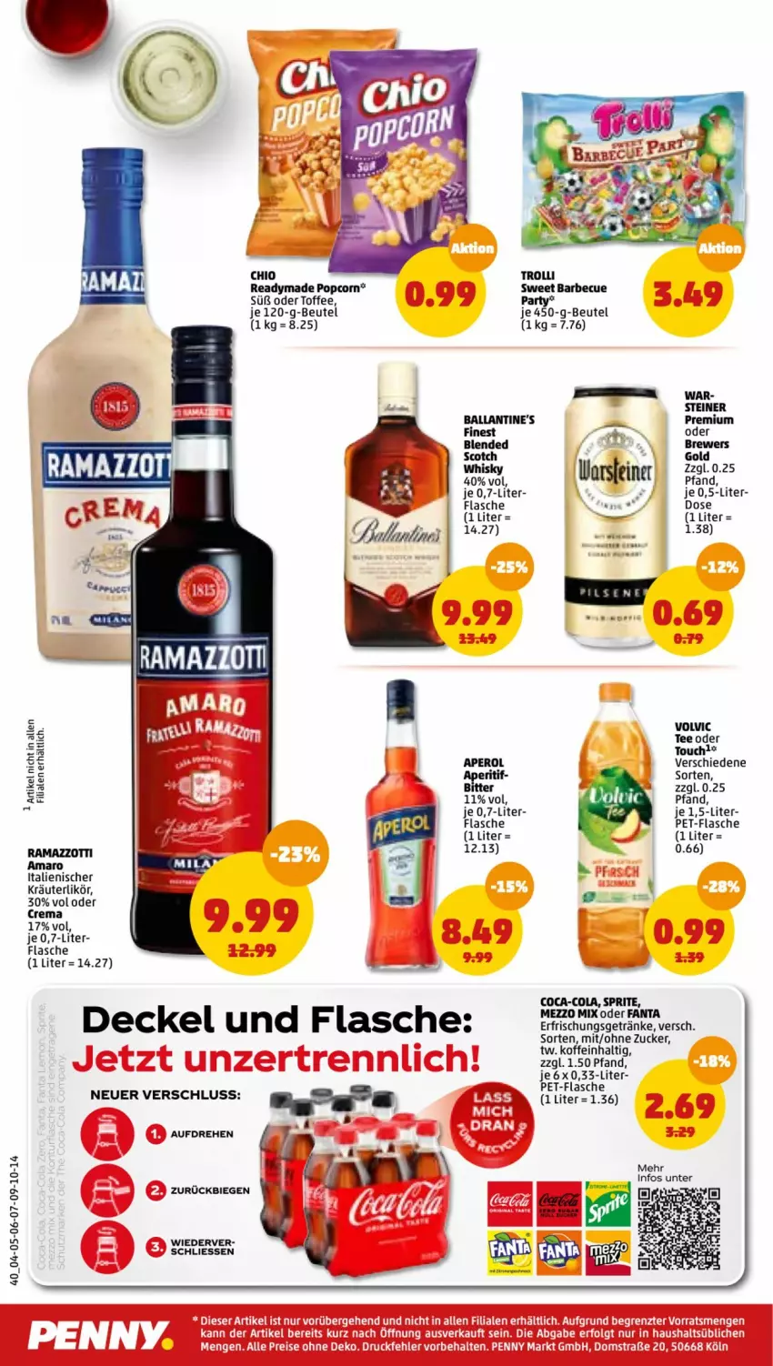 Aktueller Prospekt Penny - Prospekte - von 16.05 bis 21.05.2022 - strona 40 - produkty: amaro, ball, barbecue, beutel, blended scotch, blended scotch whisky, coca-cola, cola, decke, Deckel, erfrischungsgetränk, erfrischungsgetränke, fanta, flasche, getränk, getränke, kräuter, kräuterlikör, LG, likör, Mezzo Mix, pet-flasche, popcorn, rama, ramazzott, ramazzotti, scotch, scotch whisky, sprite, steiner, tee, Ti, trolli, whisky, zott, zucker