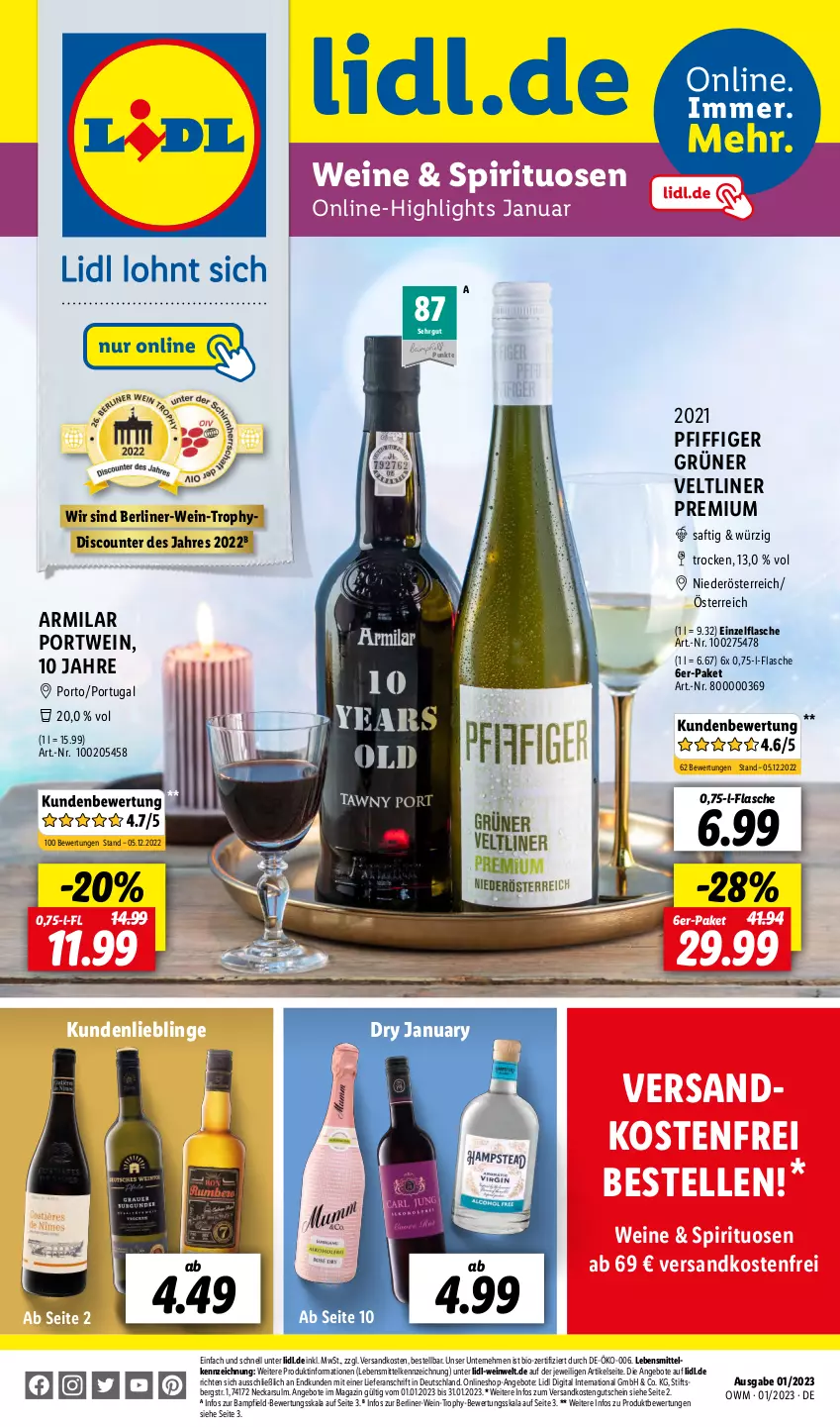 Aktueller Prospekt Lidl - Beste Weine für jeden Anlass - von 01.01 bis 31.01.2023 - strona 1 - produkty: angebot, angebote, berliner, bio, discount, elle, flasche, grüner veltliner, gutschein, lebensmittel, magazin, ndk, Portwein, saft, spirituosen, Ti, versandkostenfrei, wein, weine