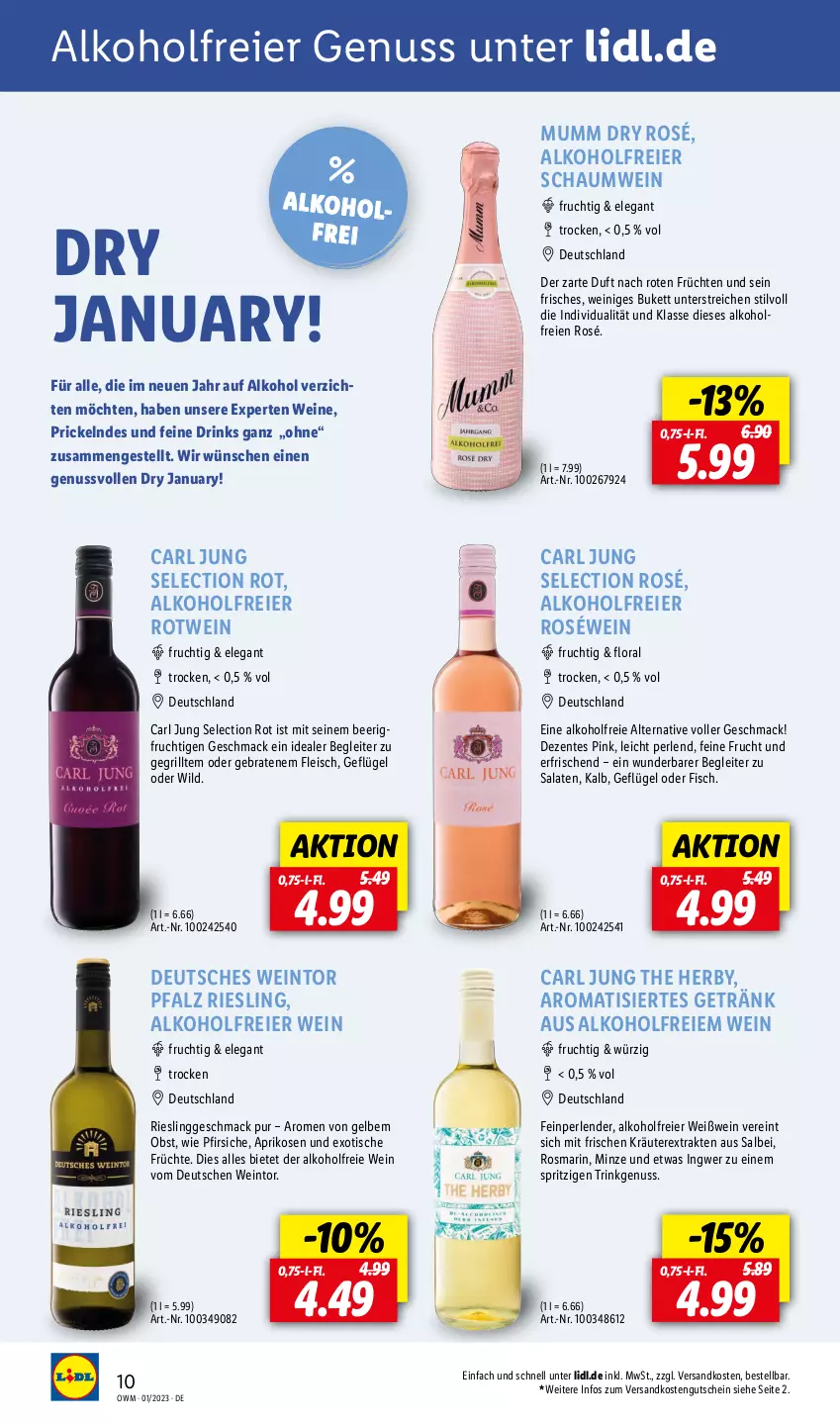 Aktueller Prospekt Lidl - Beste Weine für jeden Anlass - von 01.01 bis 31.01.2023 - strona 10 - produkty: alkohol, aprikose, aprikosen, braten, drink, drinks, eier, eis, ente, fisch, fleisch, frucht, früchte, früchten, Geflügel, getränk, grill, gutschein, ingwer, kräuter, mac, minze, mumm, ndk, nuss, obst, perlen, pfirsich, pfirsiche, riesling, roséwein, rosmarin, rotwein, salat, salate, Ti, tisch, wein, weine, Weißwein, Wild