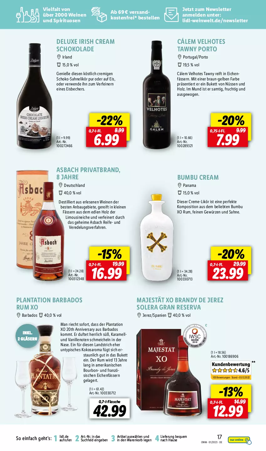 Aktueller Prospekt Lidl - Beste Weine für jeden Anlass - von 01.01 bis 31.01.2023 - strona 17 - produkty: Bad, Bau, Becher, bourbon, braun, Bumbu, creme, eis, eisbecher, elle, flasche, frucht, gewürz, Gläser, Holz, irish cream, karamell, kokos, korb, leine, likör, limo, ndk, rum, rwe, sahne, saro, schoko, schokolade, spirituosen, Tawny Port, Ti, vanille, versandkostenfrei, wein, weine