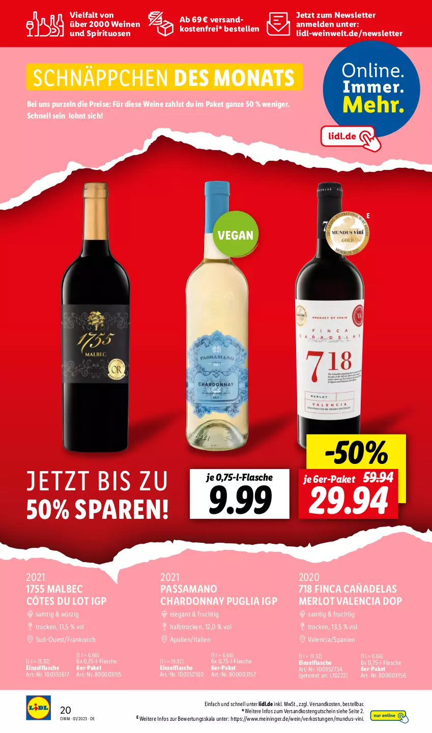 Aktueller Prospekt Lidl - Beste Weine für jeden Anlass - von 01.01 bis 31.01.2023 - strona 20 - produkty: chardonnay, eis, elle, flasche, frucht, gutschein, merl, merlot, ndk, reis, schnäppchen, spirituosen, Ti, versandkostenfrei, wein, weine