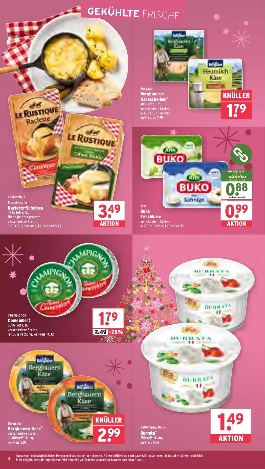 Aktueller Prospekt Wasgau - von 22.12 bis 27.12.2025 - strona 12 - produkty: angebot, arla, arla buko, auer, Bau, Bauer, Becher, bergader, Buko, Burrata, camembert, champignon, eis, frischkäse, Käse, käsescheiben, Le Rustique, reis, rewe feine welt, Ti
