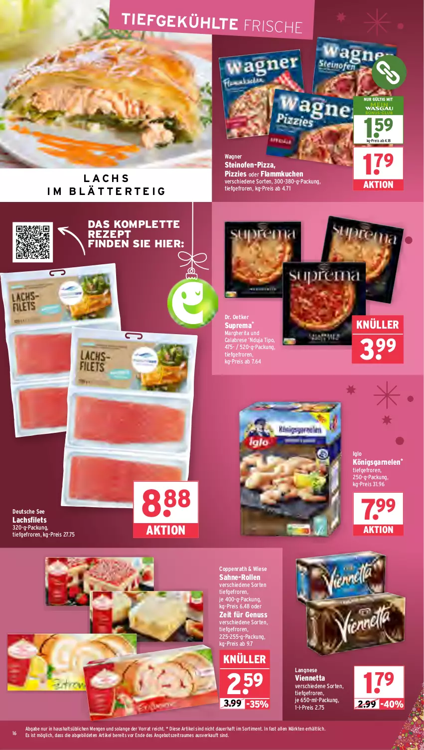 Aktueller Prospekt Wasgau - von 22.12 bis 27.12.2025 - strona 16 - produkty: angebot, auer, blätterteig, coppenrath, Dr. Oetker, eis, filet, filets, flammkuchen, garnelen, iglo, kuchen, lachs, lachsfilet, lachsfilets, lamm, langnese, margherita, nuss, Ofen, pizza, reis, rezept, sahne, steinofen, Ti, viennetta, wagner