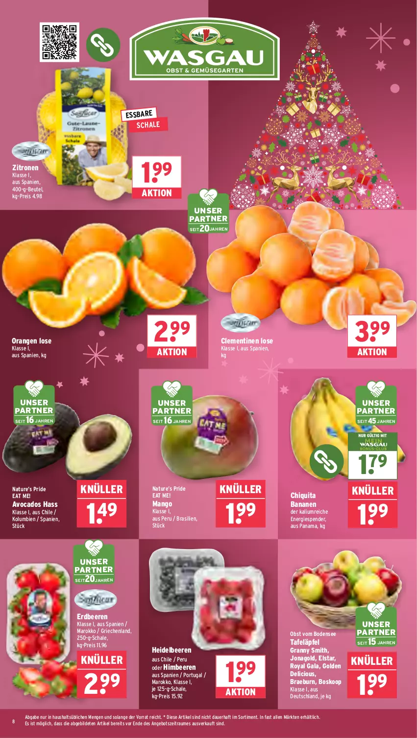 Aktueller Prospekt Wasgau - von 22.12 bis 27.12.2025 - strona 8 - produkty: angebot, auer, avocado, avocados, banane, bananen, beere, beeren, beutel, chiquita, clementinen, eis, erdbeere, erdbeeren, heidelbeere, heidelbeeren, himbeer, himbeere, himbeeren, mango, natur, obst, orange, orangen, reis, Schal, Schale, tafeläpfel, Ti, zitrone, zitronen