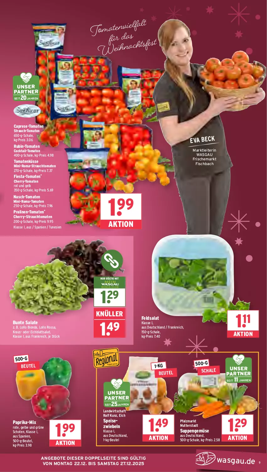 Aktueller Prospekt Wasgau - von 22.12 bis 27.12.2025 - strona 9 - produkty: angebot, angebote, beutel, bio, bunte salate, Cap, cocktail, Eichblattsalat, eis, feldsalat, fisch, paprika, pralinen, Rauch, reis, Rubin, salat, salate, Schal, Schale, Speisezwiebeln, strauchtomaten, suppe, suppen, Ti, tomate, tomaten, zwiebel, zwiebeln