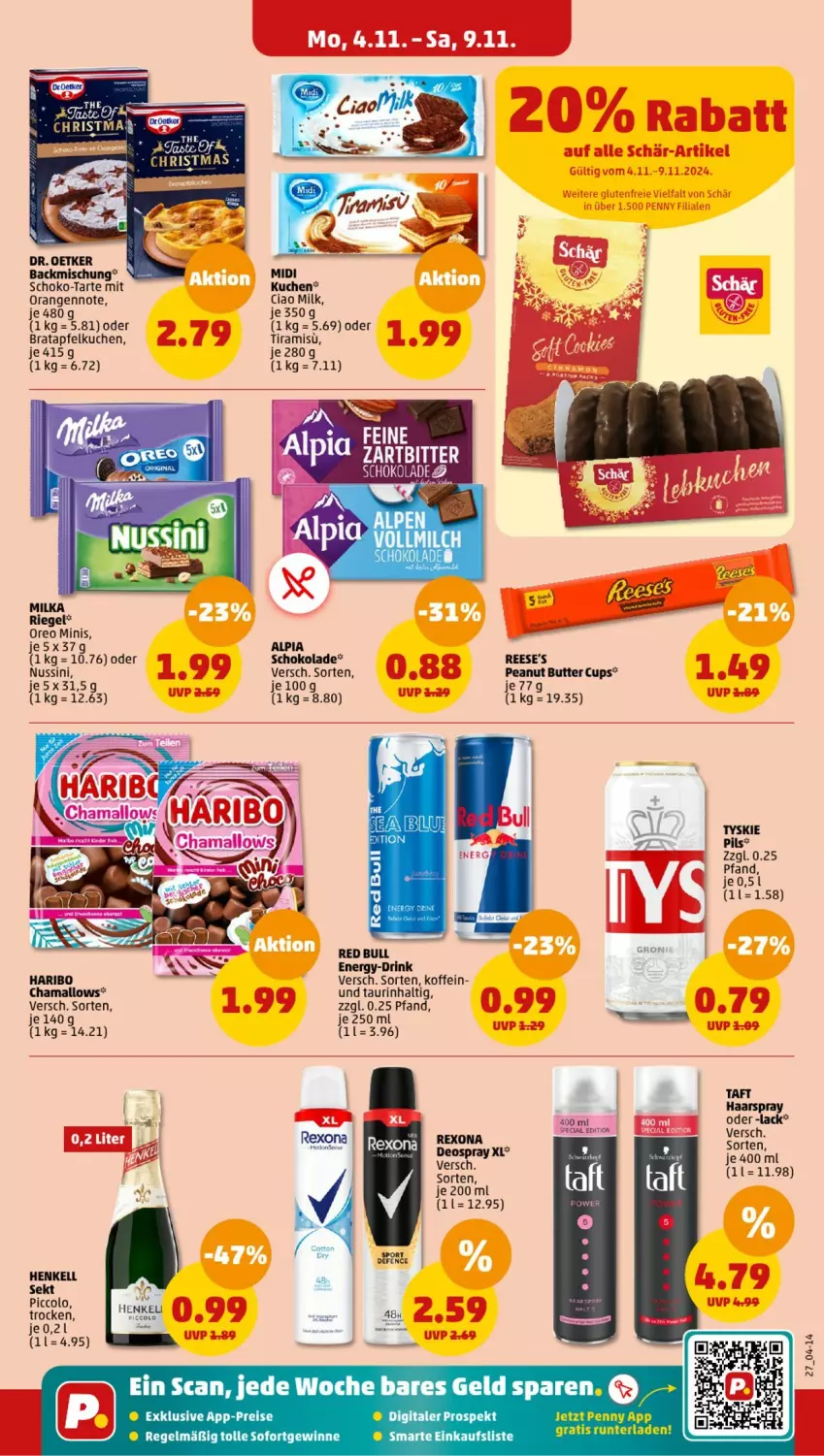 Aktueller Prospekt Penny - Prospekte - von 04.11 bis 09.11.2024 - strona 27 - produkty: alpia, apfel, Apfelkuchen, backmischung, butter, deo, deospray, Dr. Oetker, drink, eis, haarspray, hama, haribo, henkel, henkell, kuchen, lack, milka, nuss, orange, orangen, oreo, peanut butter, pils, red bull, Reese's, reis, rexona, riegel, schoko, schokolade, sekt, Taft, Ti, tiramisu, tyskie, Yo