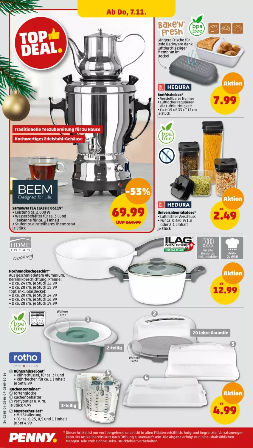 Aktueller Prospekt Penny - Prospekte - von 04.11 bis 09.11.2024 - strona 34 - produkty: Becher, Behälter, brot, Container, decke, Deckel, eis, elle, geschirr, Glasdeckel, kuchen, LG, Messbecher, ndk, pfanne, reis, Rührschüssel, schüssel, tee, teekanne, thermostat, Ti, topf, torte, wasser, ZTE