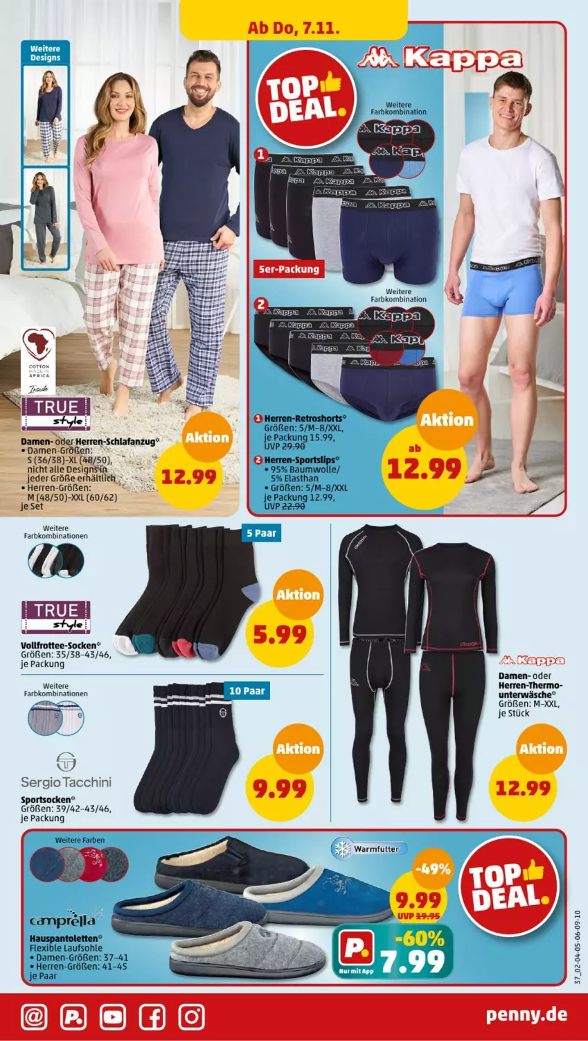 Aktueller Prospekt Penny - Prospekte - von 04.11 bis 09.11.2024 - strona 37 - produkty: ACC, Anzug, Bau, baumwolle, Frottee-Socken, pantolette, pantoletten, rel, retroshorts, Schlafanzug, shorts, slip, slips, socken, Sport, sportsocken, tee, Ti, Unterwäsche, wolle