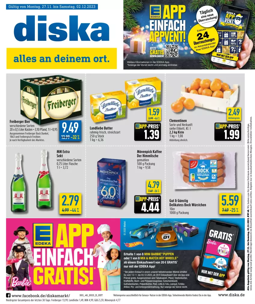 Aktueller Prospekt Diska - Prospekte - von 27.11 bis 02.12.2023 - strona 1 - produkty: aktionspreis, angebot, angebote, Berger, bier, buch, butter, deka, eis, flasche, Freiberger, guthabenkarte, gutschein, kaffee, kraft, landliebe, mm extra, mövenpick, mövenpick kaffee, nuss, reis, ring, sekt, Streichzart, Tchibo, tee, Ti, würstchen, ZTE