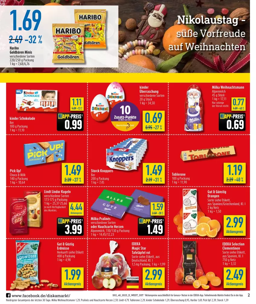 Aktueller Prospekt Diska - Prospekte - von 27.11 bis 02.12.2023 - strona 2 - produkty: aktionspreis, deka, eis, goldbären, haribo, Kinder, kinder schokolade, lindt, milka, nuss, Pick Up!, reis, schoko, schokolade, storck, Ti, toblerone, ZTE