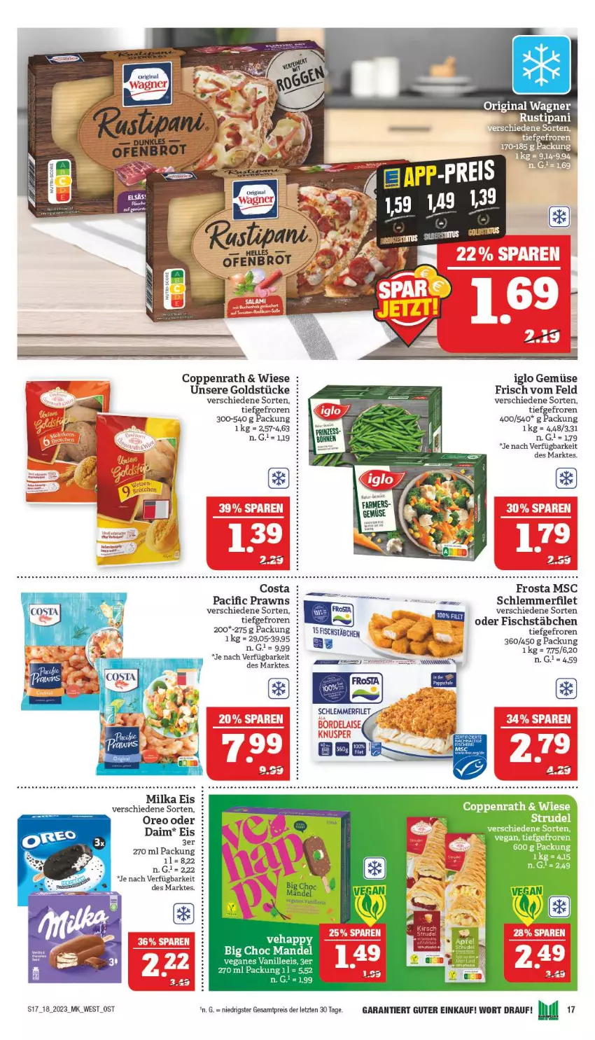 Aktueller Prospekt Marktkauf - Prospekt - von 30.04 bis 06.05.2023 - strona 17 - produkty: Cif, coppenrath, daim, eis, filet, fisch, fischstäbchen, frosta, Goldstücke, iglo, mandel, oreo, prawns, reis, rustipani, schlemmerfilet, Ti, uhr, vanille, ZTE