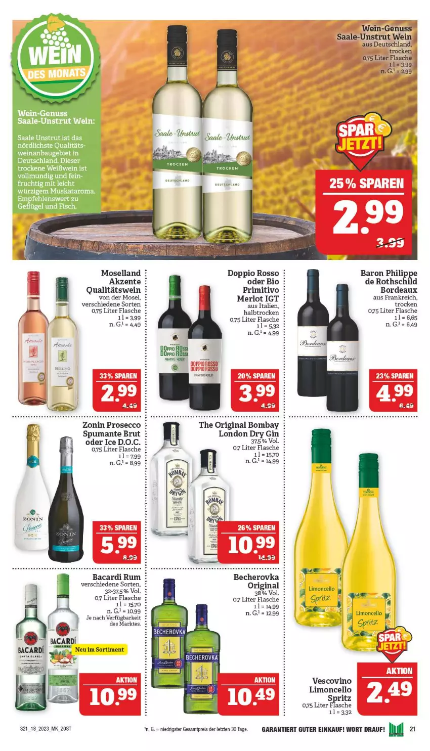 Aktueller Prospekt Marktkauf - Prospekt - von 30.04 bis 06.05.2023 - strona 21 - produkty: bacardi, bacardi rum, Bau, Becher, Becherovka, bio, brut, dry gin, ecco, eis, ente, erde, fisch, flasche, frucht, Geflügel, gin, hero, limo, london dry, london dry gin, merl, merlot, moselland, nuss, primitivo, prosecco, puma, qualitätswein, reis, rum, spumante, Ti, vescovino, wein, Weißwein, zonin, ZTE