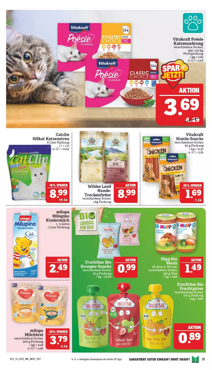 Aktueller Prospekt Marktkauf - Prospekt - von 30.04 bis 06.05.2023 - strona 25 - produkty: bio, Brei, Clin, eis, frucht, HP, katzennahrung, Katzenstreu, Kinder, kindermilch, kraft, milch, milupa, reis, rel, snack, snacks, Ti, trockenfutter, vita, vitakraft, Wild, ZTE