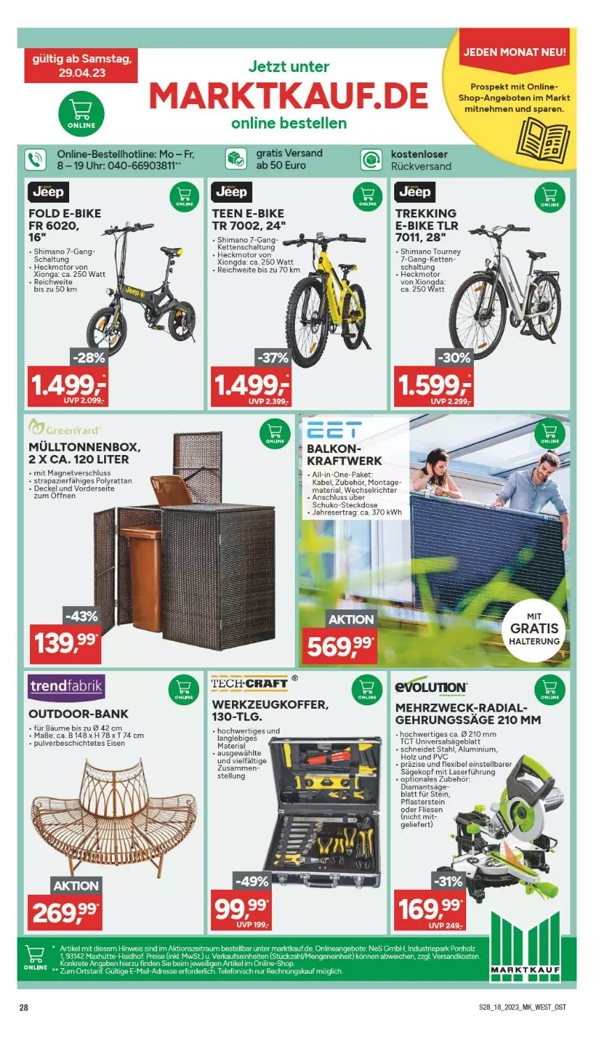 Aktueller Prospekt Marktkauf - Prospekt - von 30.04 bis 06.05.2023 - strona 28 - produkty: angebot, angebote, Bank, decke, Deckel, E-Bike, eis, elle, Gehrungssäge, Holz, Kette, koffer, kraft, LG, pflaster, Ria, säge, Schal, shimano, steckdose, tee, Ti, uhr, weck, werkzeug