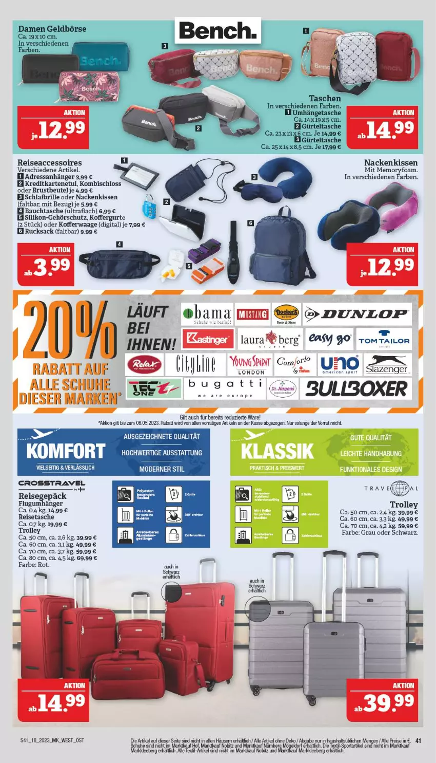 Aktueller Prospekt Marktkauf - Prospekt - von 30.04 bis 06.05.2023 - strona 41 - produkty: ACC, accessoires, Anhänger, Bau, beutel, Brille, bugatti, eis, kissen, koffer, Kofferwaage, nackenkissen, reis, reisetasche, rucksack, sac, schuhe, Sport, Tasche, Ti, tom tailor, trolley, Waage, Yo