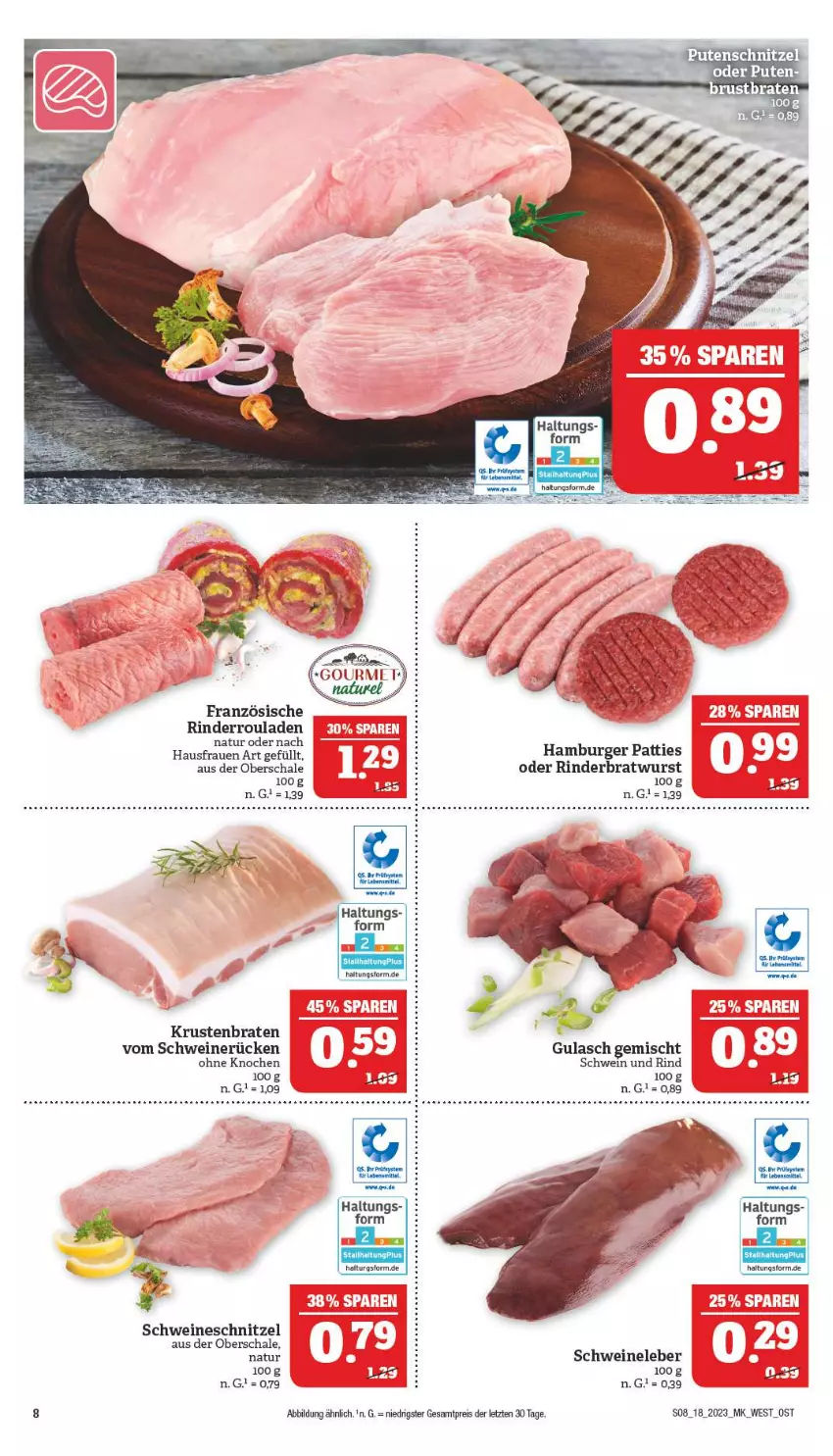 Aktueller Prospekt Marktkauf - Prospekt - von 30.04 bis 06.05.2023 - strona 8 - produkty: braten, bratwurst, burger, eier, eis, gulasch, hamburger, krustenbraten, natur, pute, putenschnitzel, reis, rind, rinder, Rinderbratwurst, Rinderroulade, rinderrouladen, rouladen, Schal, Schale, schnitzel, schwein, schwein und rind, schweine, Schweineleber, schweinerücken, schweineschnitzel, Ti, wein, weine, wurst, ZTE