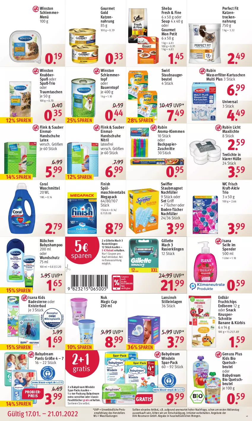 Aktueller Prospekt Rossmann - Prospekte - von 17.01 bis 21.01.2022 - strona 12 - produkty: angebot, angebote, auer, babydream, Bad, banane, Bau, Bauer, beere, beutel, bier, bio, bübchen, chips, Coral, coupon, eis, elle, Engel, Erdbär, erdbeere, feuchttücher, Finish, frucht, gillette, gourmet gold, handschuhe, isana, katzennahrung, kraft, Kürbis, mac, nuk, nuss, Pants, papier, Perfect Fit, quetschbeutel, Rasierklinge, rasierklingen, reis, Rubin, sana, schuhe, Seife, shampoo, sheba, snack, spülmaschinen, spülmaschinentabs, staubmagnet, staubsauger, staubsaugerbeutel, swiffer, swirl, Tasche, taschen, tee, Teelicht, teelichte, teller, Ti, Tiere, topf, Trockennahrung, tücher, waschmittel, wasser, wasserfilter, wc frisch, windeln