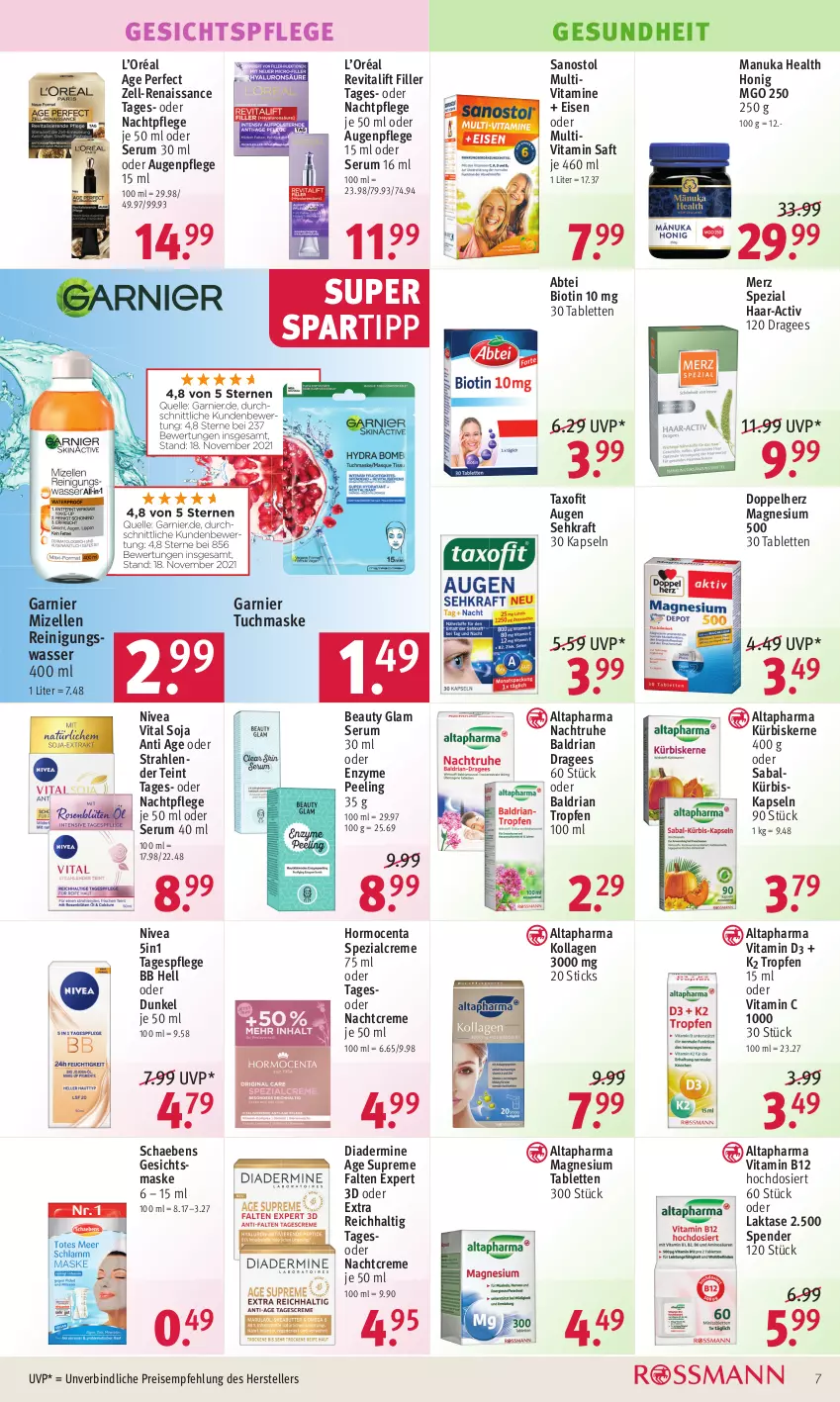 Aktueller Prospekt Rossmann - Prospekte - von 17.01 bis 21.01.2022 - strona 7 - produkty: Abtei, Altapharma, Augenpflege, bio, creme, Diadermine, doppelherz, eis, elle, garnier, Gesichtsmaske, gesichtspflege, Gesundheit, gsw, honig, K2, Kollagen, kraft, Kürbis, kürbiskerne, magnesium, Maske, Merz Spezial, mizellen, Mizellen Reinigungswasser, nachtcreme, nachtpflege, nivea, nuk, Peeling, Reinigung, reis, Revital, revitalift, Ria, rum, saft, Sanostol, Schaebens, Sehkraft, Serum, soja, spartipp, Spezi, tablet, tablett, Tablette, Tagespflege, Taxofit, teller, Ti, tuc, tuchmaske, vita, Vitamin B, Vitamin C, Vitamin D, Vitamine, wasser