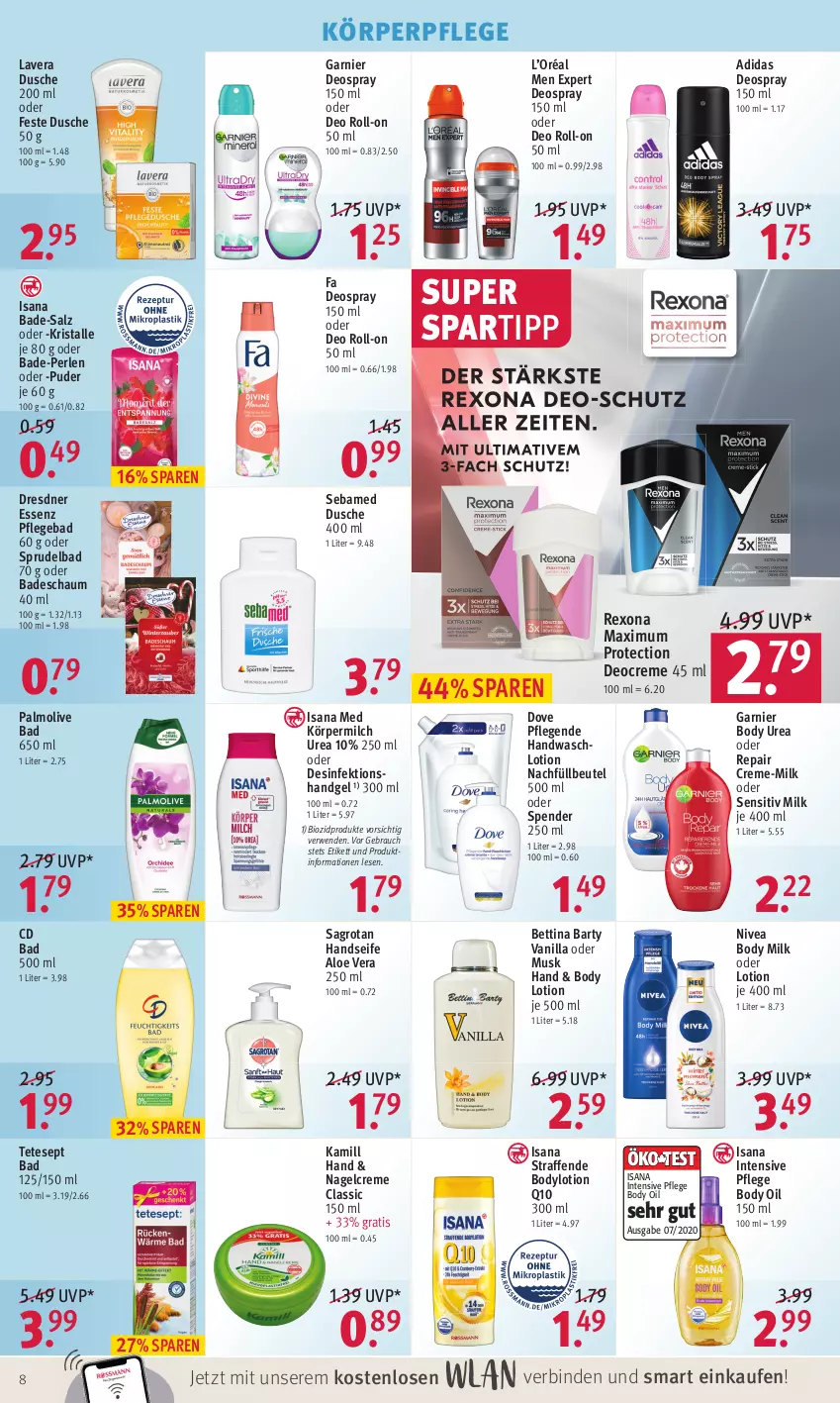 Aktueller Prospekt Rossmann - Prospekte - von 17.01 bis 21.01.2022 - strona 8 - produkty: Adidas, aloe vera, Bad, bett, beutel, binden, bio, biozidprodukte, body, body lotion, body milk, bodylotion, creme, deo, deo roll-on, Deocreme, deospray, deospray 150 ml, Desinfektion, dove, dusche, garnier, Handseife, isana, Kamill, körperpflege, lavera, Lotion, milch, nivea, oder deo roll-on, olive, palmolive, perlen, Q10, Rauch, rexona, roll-on, rwe, sagrotan, salz, sana, sebamed, Seife, spartipp, Sprudel, Sprudelbad, Ti, Waschlotion