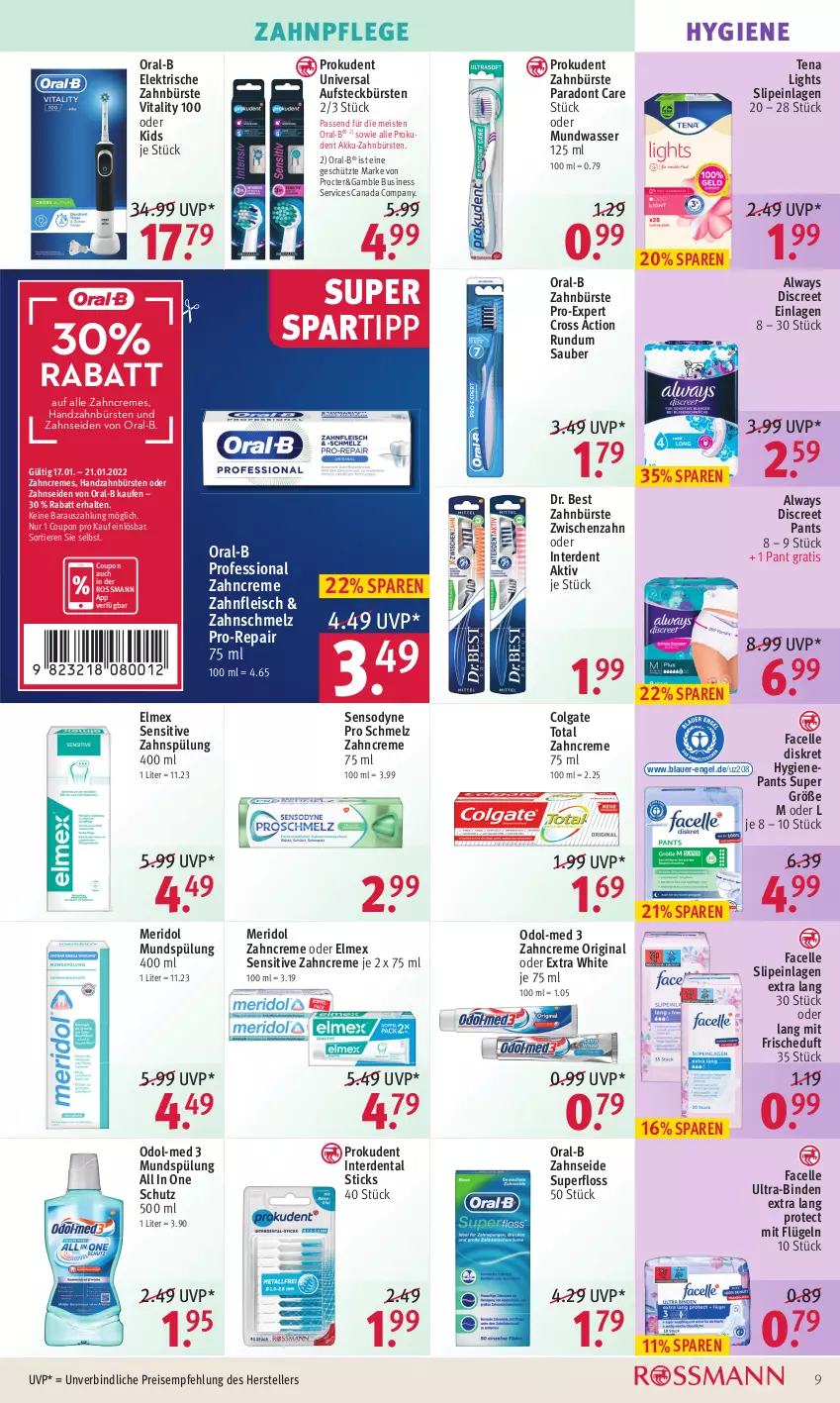 Aktueller Prospekt Rossmann - Prospekte - von 17.01 bis 21.01.2022 - strona 9 - produkty: akku, Alwa, Always, auer, aufsteckbürsten, binden, bürste, bürsten, colgate, colgate total, coupon, creme, cross action, Discreet, Dr. Best, eis, elektrische zahnbürste, elle, elmex, Engel, erde, Facelle, fleisch, gin, LG, meridol, mundspülung, mundwasser, Odol, Odol-med 3, oral-b, Pants, pro-repair, Prokudent, reis, sensodyne, slip, slipeinlagen, spartipp, spülung, teller, Ti, Tiere, Ultra-Binden, vita, vitality, wasser, zahnbürste, zahnbürsten, zahncreme, Zahnseide, ZTE