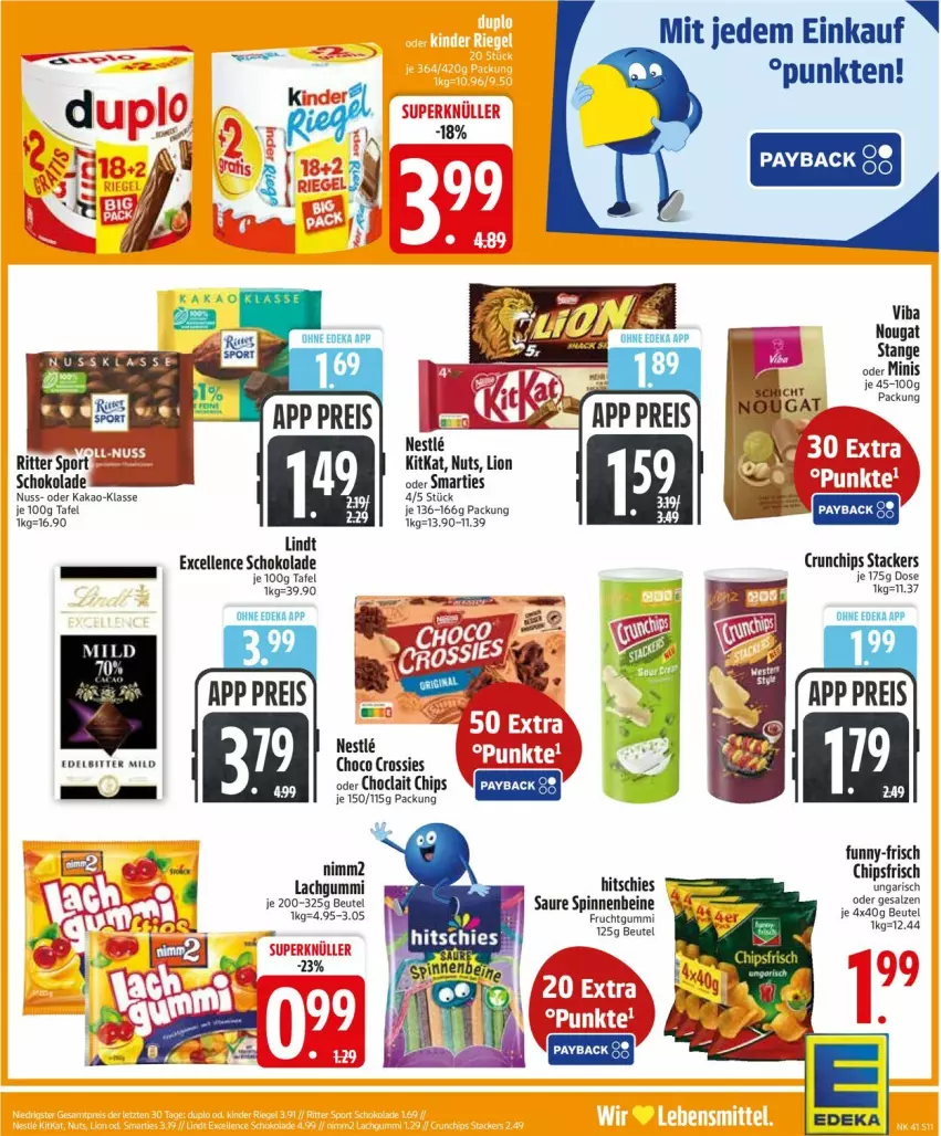 Aktueller Prospekt Edeka - Prospekte - von 06.10 bis 11.10.2025 - strona 11 - produkty: beutel, chips, chipsfrisch, choclait chips, choco crossies, crossies, crunchips, deka, eis, elle, funny-frisch, kakao, kitkat, lachgummi, lion, nimm2, nuss, reis, salz, schoko, schokolade, smarties, Ti