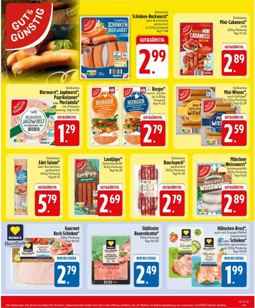 Aktueller Prospekt Edeka - Prospekte - von 06.10 bis 11.10.2025 - strona 17 - produkty: auer, Bau, Bauer, bier, bockwurst, braten, buch, burger, Cabanossi, deka, dell, eis, Geflügel, Holz, jagdwurst, landjäger, lyoner, mit pistazien, mortadella, paprika, pistazien, salami, schinken, schnitten, Speck, spitzenqualität, südtiroler, Ti, wiener, wurst, Yo