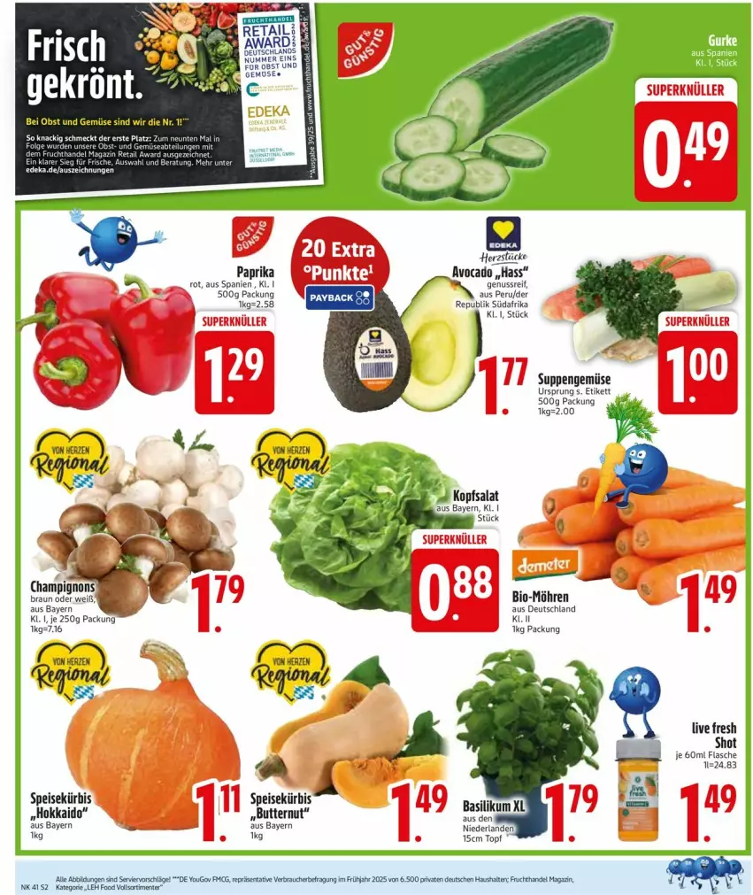Aktueller Prospekt Edeka - Prospekte - von 06.10 bis 11.10.2025 - strona 2 - produkty: avocado, bio, butter, champignon, champignons, eis, ente, flasche, kopfsalat, Kürbis, möhren, nuss, paprika, salat, suppe, suppen, Ti, Tiere, topf, Yo