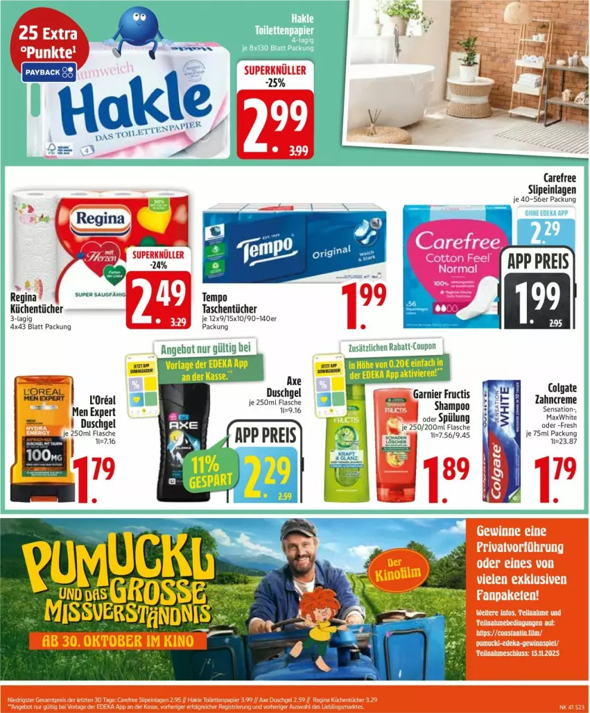 Aktueller Prospekt Edeka - Prospekte - von 06.10 bis 11.10.2025 - strona 23 - produkty: angebot, carefree, colgate, coupon, creme, deka, duschgel, flasche, fructis, garnier, gin, küche, Küchen, küchentücher, LG, loreal, rabatt-coupon, shampoo, slip, slipeinlagen, spülung, Tasche, taschen, taschentücher, Tempo, Ti, tücher, zahncreme