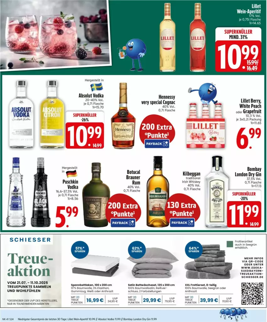 Aktueller Prospekt Edeka - Prospekte - von 06.10 bis 11.10.2025 - strona 24 - produkty: Absolut Vodka, Bau, baumwolle, bett, braun, Cognac, deka, dry gin, eis, elle, flasche, gin, grapefruit, irish whiskey, kilbeggan, lillet, london dry, london dry gin, reis, rum, teller, Ti, tuc, vodka, wein, whiskey, wolle, ZTE