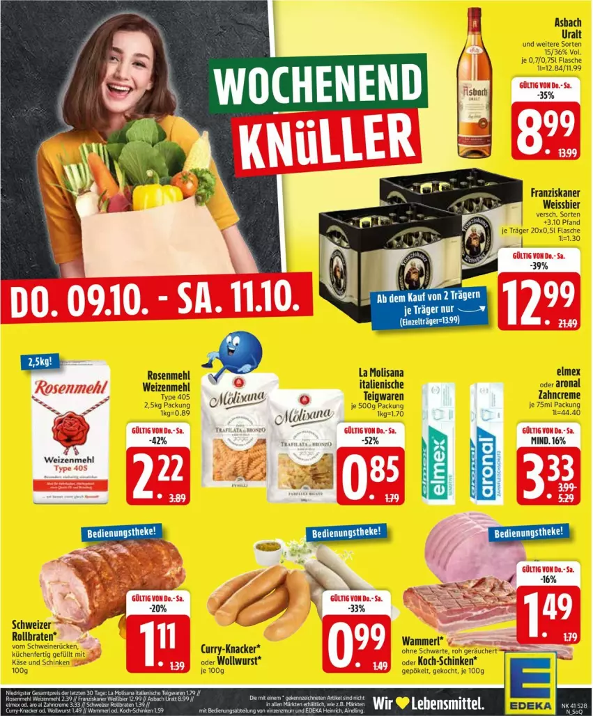 Aktueller Prospekt Edeka - Prospekte - von 06.10 bis 11.10.2025 - strona 28 - produkty: asbach uralt, bier, braten, creme, curry, eis, flasche, franziskaner, Käse, knacker, küche, Küchen, lebensmittel, mehl, merl, rollbraten, rosen, Rosenmehl, schinken, teigwaren, Ti, weissbier, weizenmehl, wurst, zahncreme, Zelt