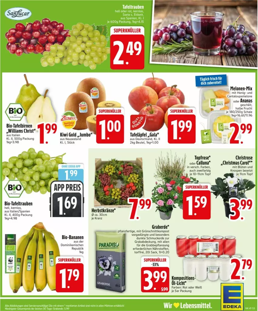 Aktueller Prospekt Edeka - Prospekte - von 06.10 bis 11.10.2025 - strona 3 - produkty: ananas, banane, bananen, beutel, bio, bio-bananen, Blüte, deka, Elan, erde, frucht, honig, jumbo, kiwi, Kiwi Gold, Kranz, melone, sac, Schal, Schale, Schmuck, tafeläpfel, tafeltrauben, Ti, topf, trauben