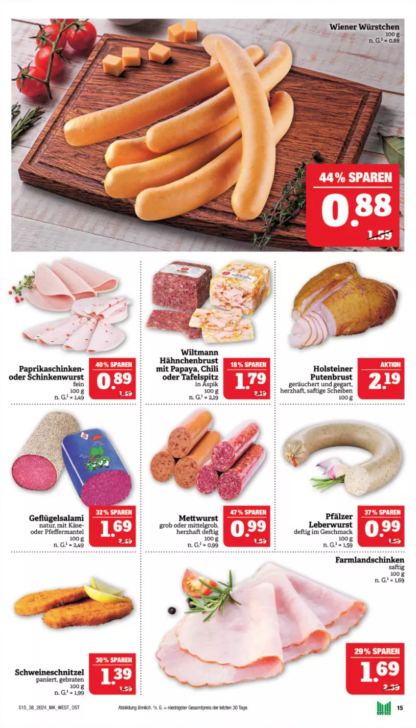 Aktueller Prospekt Marktkauf - Prospekt - von 15.09 bis 21.09.2024 - strona 15 - produkty: Bad, braten, chili, eis, hähnchenbrust, holsteiner, Käse, leberwurst, LG, mac, Mantel, natur, Papaya, pfeffer, pute, putenbrust, reis, schinken, schinkenwurst, schnitzel, schwein, schweine, schweineschnitzel, steiner, tafelspitz, tee, Ti, wein, weine, wiltmann, wurst, ZTE