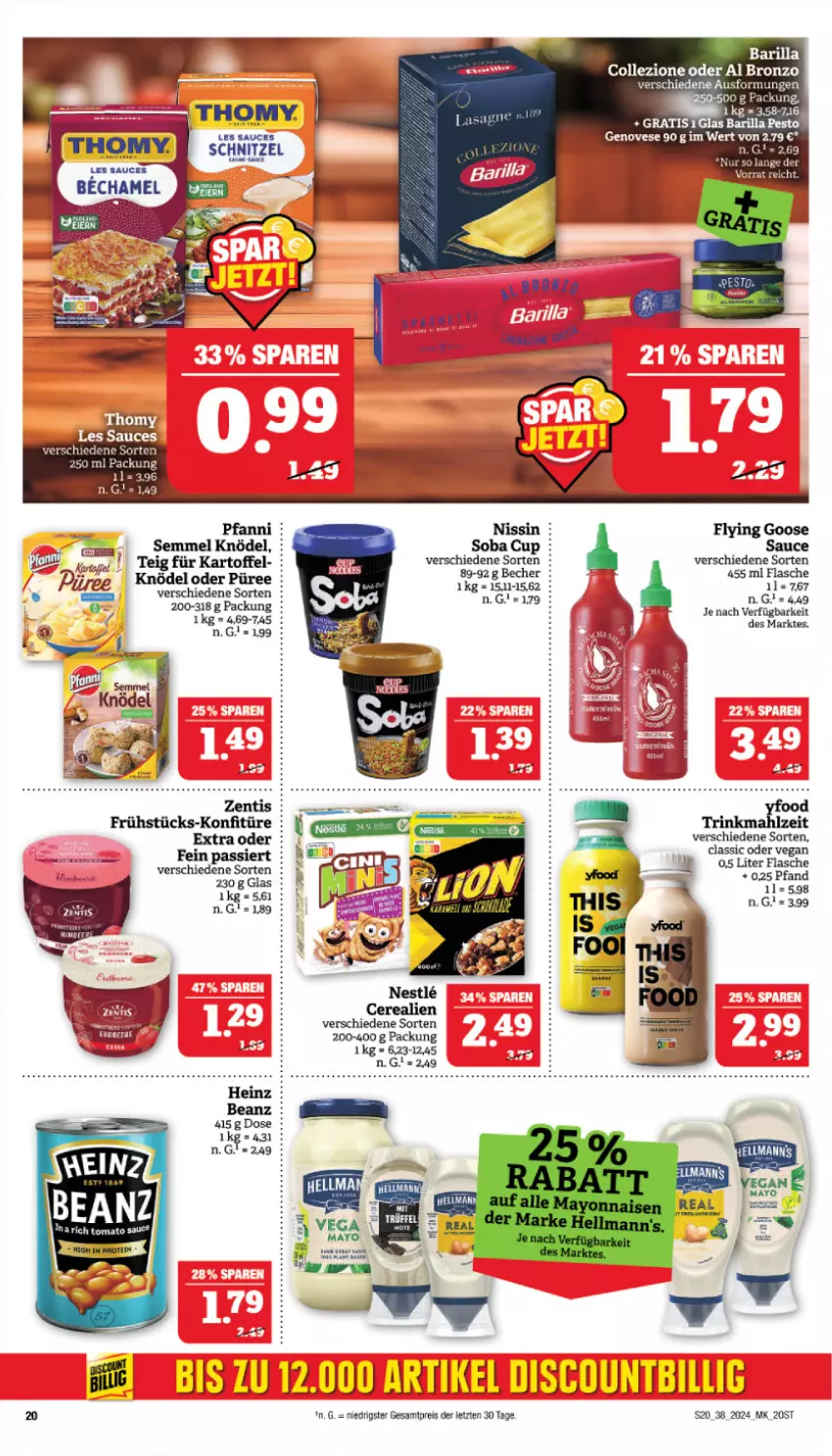 Aktueller Prospekt Marktkauf - Prospekt - von 15.09 bis 21.09.2024 - strona 20 - produkty: barilla, Becher, eis, flasche, genovese, kartoffel, Knödel, konfitüre, Nissin, pfanni, püree, reis, sauce, schnitzel, Semmel, thomy, Ti, zentis, ZTE