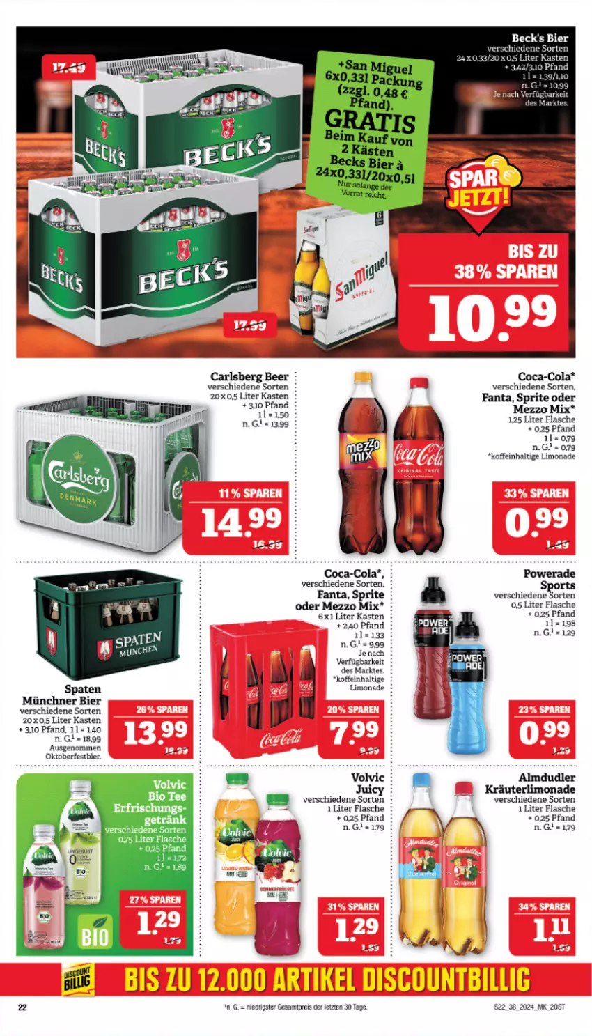 Aktueller Prospekt Marktkauf - Prospekt - von 15.09 bis 21.09.2024 - strona 22 - produkty: almdudler, beck's, bier, bio, carlsberg, carlsberg beer, coca-cola, cola, eis, fanta, flasche, kräuter, limo, limonade, Mezzo Mix, reis, Spaten, Sport, sprite, tee, Ti, volvic, ZTE