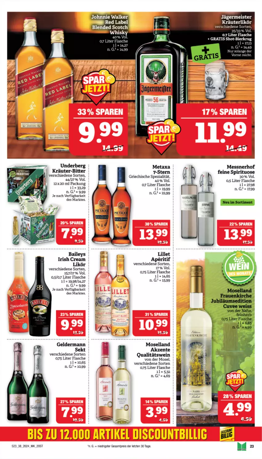 Aktueller Prospekt Marktkauf - Prospekt - von 15.09 bis 21.09.2024 - strona 23 - produkty: aperitif, baileys, bier, blended scotch, discount, eis, ente, flasche, geldermann, Germ, irish cream, jägermeister, johnnie walker, kräuter, kräuterlikör, likör, lillet, Meister, Metaxa, moselland, reis, scotch, sekt, Spezi, Ti, wein, ZTE