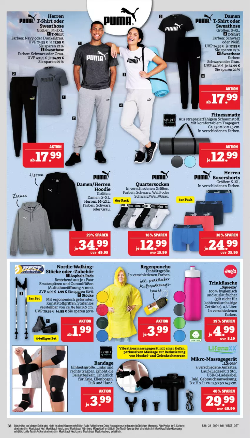 Aktueller Prospekt Marktkauf - Prospekt - von 15.09 bis 21.09.2024 - strona 38 - produkty: deka, eis, elle, flasche, getränk, getränke, hose, ladekabel, LG, Massagegerät, puma, Rauch, reis, schuhe, shirt, shorts, socken, Sport, Sweathose, T-Shirt, Ti, tisch, trinkflasche, usb