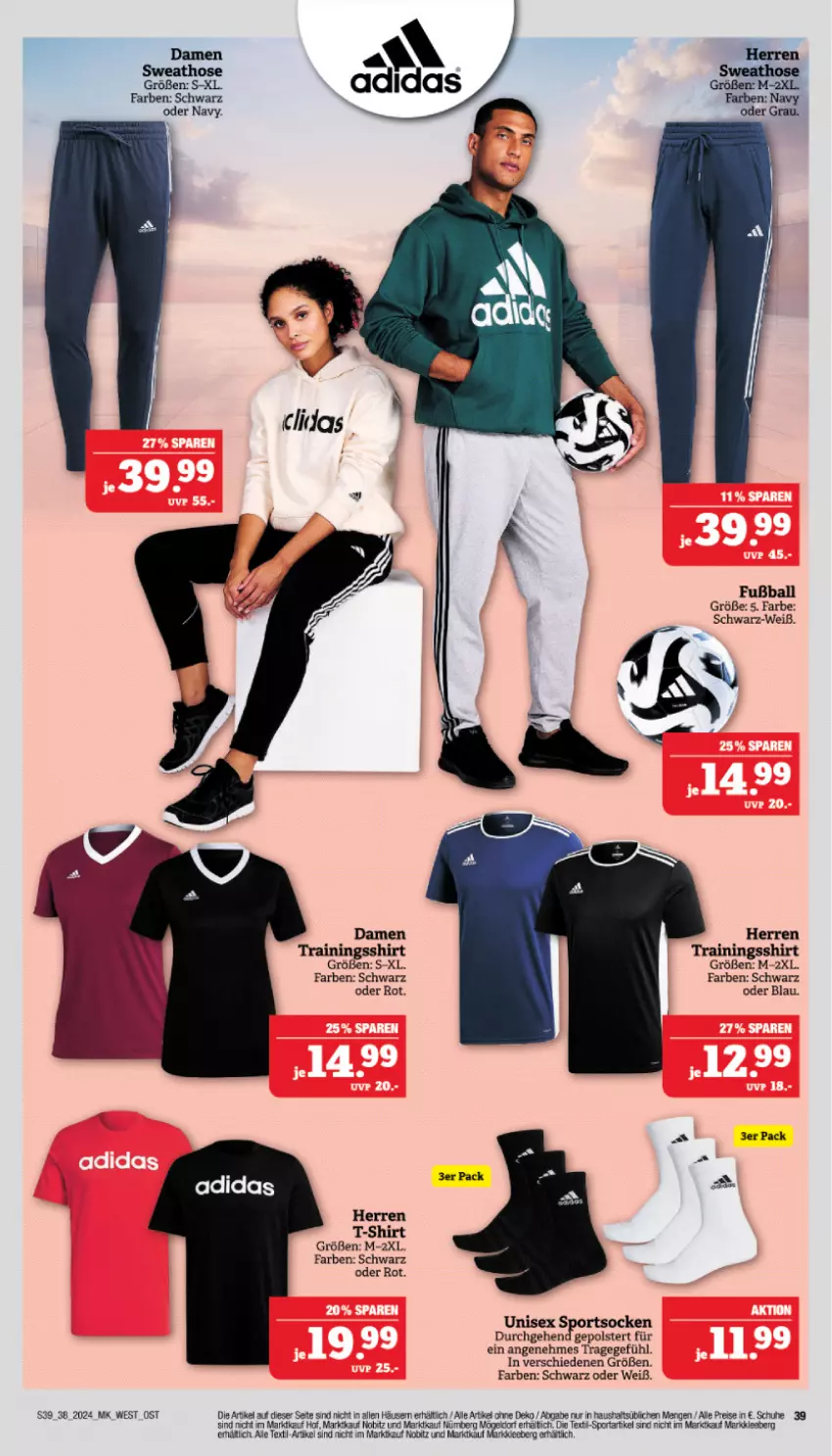 Aktueller Prospekt Marktkauf - Prospekt - von 15.09 bis 21.09.2024 - strona 39 - produkty: Adidas, ball, eis, Fußball, hose, obst, reis, schuhe, shirt, Sport, Sweathose, T-Shirt, Ti