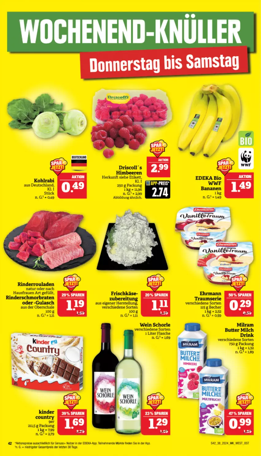 Aktueller Prospekt Marktkauf - Prospekt - von 15.09 bis 21.09.2024 - strona 42 - produkty: aktionspreis, Becher, braten, butter, deka, drink, eis, flasche, frischkäse, gulasch, Käse, kohlrabi, milch, milram, natur, nuss, reis, rind, rinder, Rinderroulade, rinderrouladen, rouladen, Schal, Schale, schmorbraten, schorle, Ti, wein, ZTE