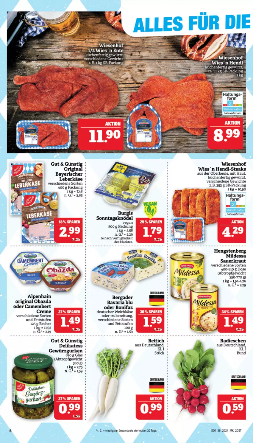 Aktueller Prospekt Marktkauf - Prospekt - von 15.09 bis 21.09.2024 - strona 6 - produkty: auer, Becher, camembert, creme, deutscher weichkäse, eis, gewürz, Gewürzgurke, gewürzgurken, gin, gurke, gurken, Hendl, Käse, Knödel, Kraut, küche, Küchen, leberkäs, leberkäse, reis, Rettich, Sauerkraut, steak, steaks, Ti, weichkäse, wiesenhof, ZTE