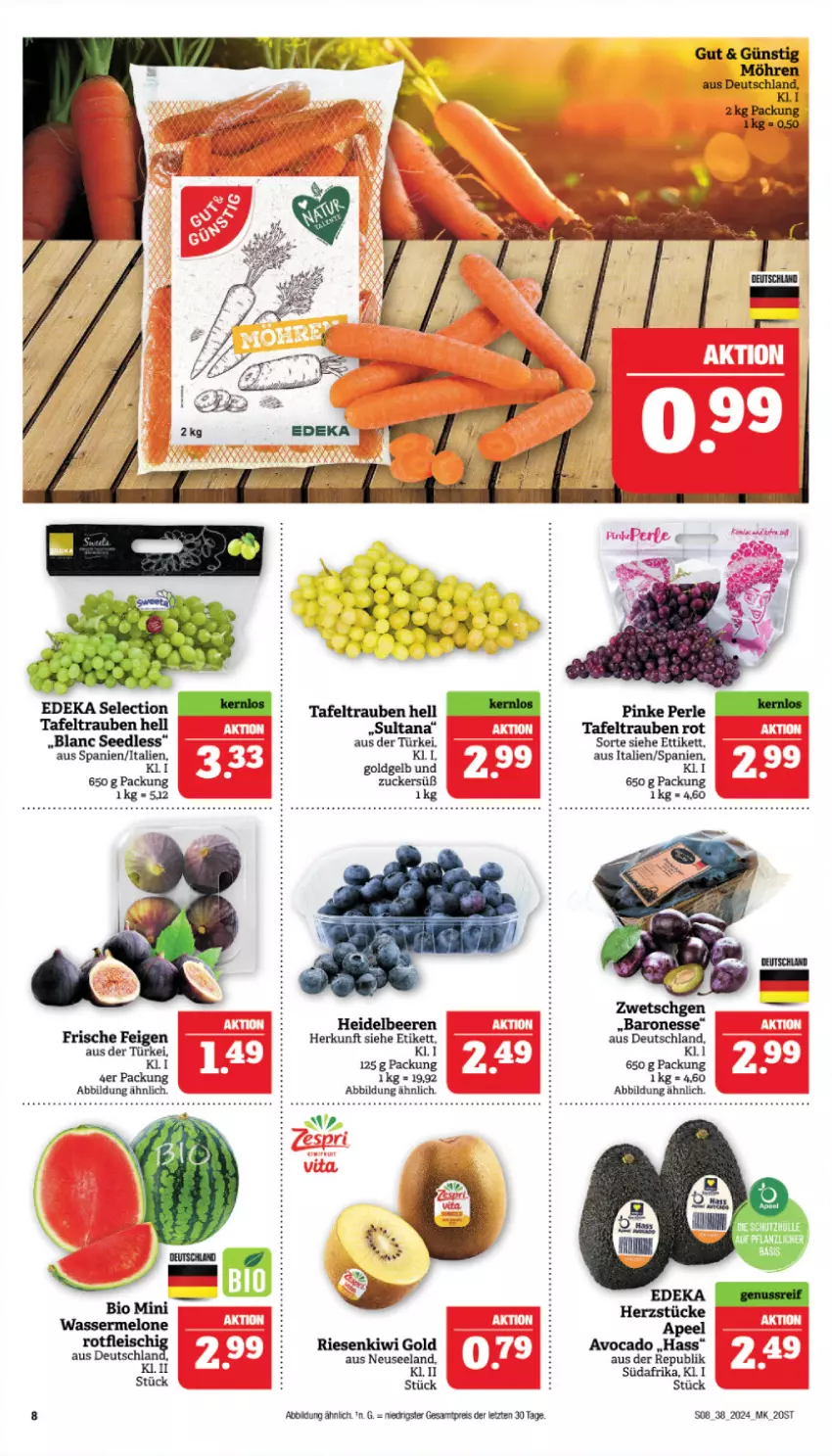 Aktueller Prospekt Marktkauf - Prospekt - von 15.09 bis 21.09.2024 - strona 8 - produkty: avocado, Bau, beere, beeren, bio, deka, eis, Elan, Feigen, heidelbeere, heidelbeeren, kiwi, Kiwi Gold, melone, möhren, reis, tafeltrauben, Ti, trauben, wasser, wassermelone, ZTE, zucker