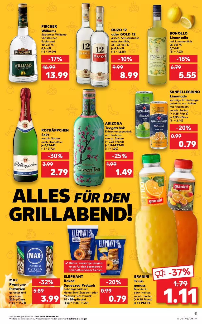 Aktueller Prospekt Kaufland - von 05.05 bis 11.05.2022 - strona 11 - produkty: alkohol, angebot, angebote, beutel, Birnen, elle, erfrischungsgetränk, erfrischungsgetränke, frucht, fruchtsaft, getränk, getränke, granini, grill, honig, Honig-Senf, likör, limo, limonade, limonen, mac, meersalz, mit frucht, Nektar, nuss, ouzo, ouzo 12, pircher, pistazien, Pretzel, ring, rotkäppchen, saft, salz, sanpellegrino, sekt, senf, snack, südtiroler, tee, Ti, zwiebel