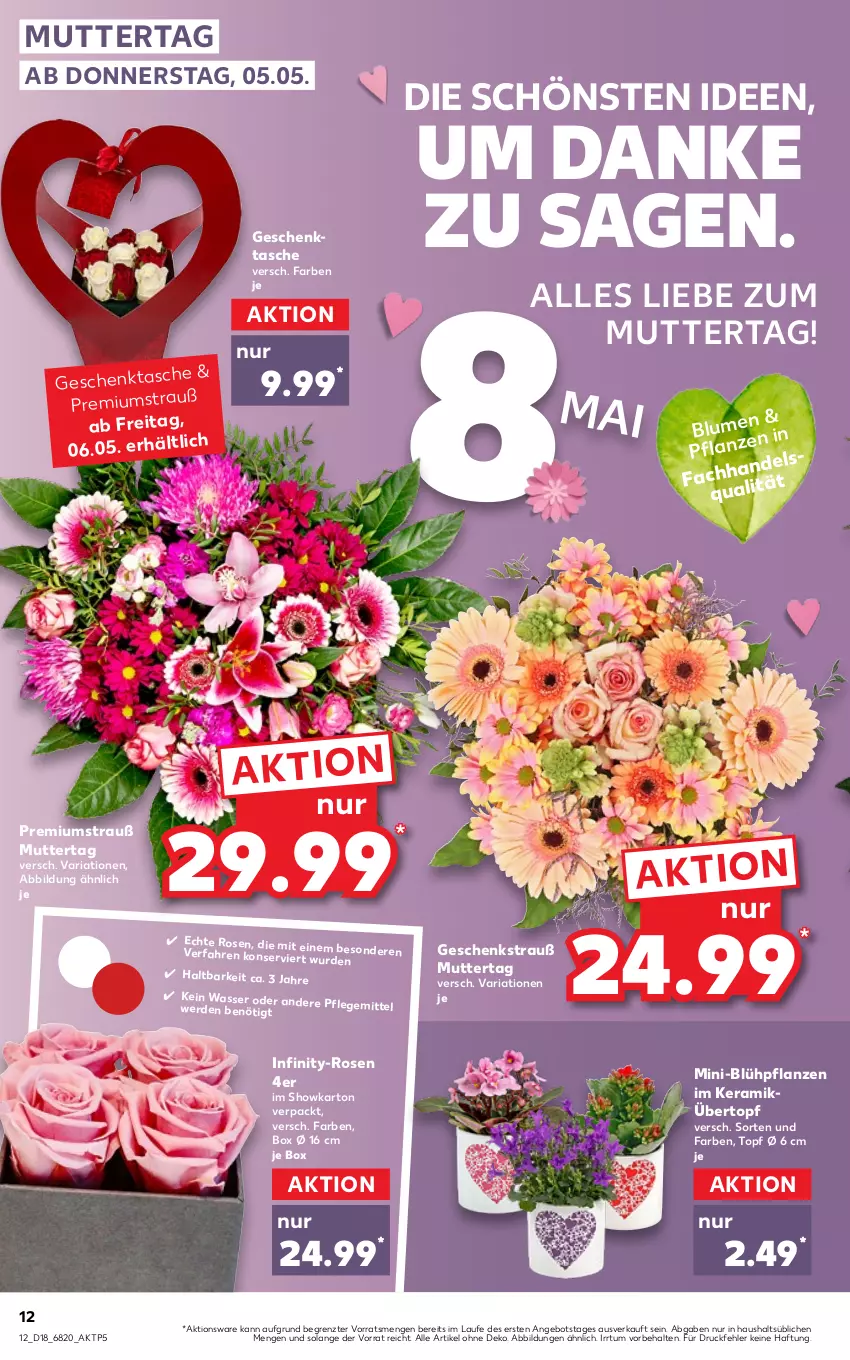 Aktueller Prospekt Kaufland - von 05.05 bis 11.05.2022 - strona 12 - produkty: angebot, blume, erde, Geschenktasche, HP, pflanze, pflanzen, Ria, rosen, Tasche, Ti, topf, übertopf, wasser, ZTE