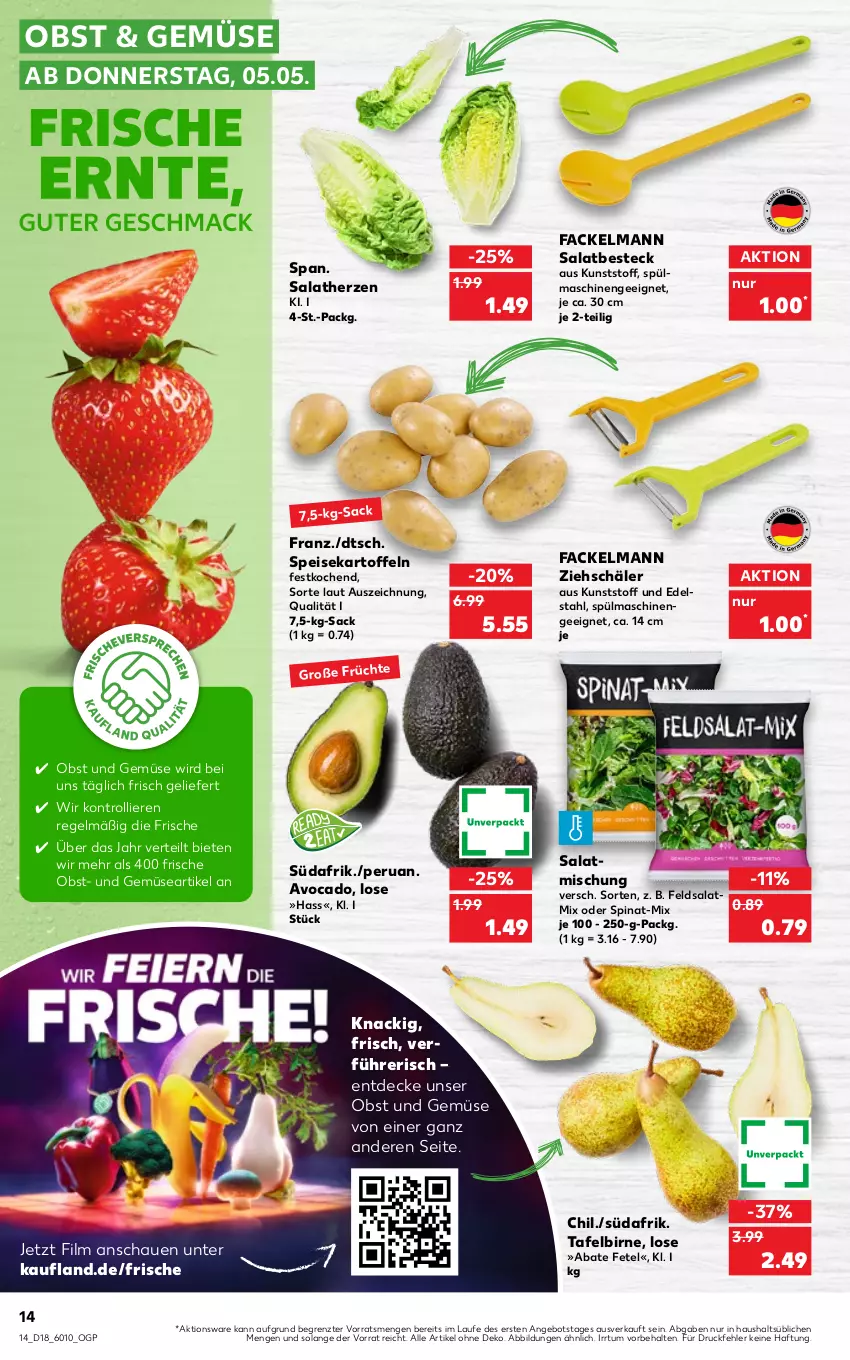 Aktueller Prospekt Kaufland - von 05.05 bis 11.05.2022 - strona 14 - produkty: angebot, avocado, besteck, decke, edelstahl, eis, fackelmann, feldsalat, kartoffel, kartoffeln, obst, Obst und Gemüse, sac, salat, salatherzen, Salatmix, speisekartoffeln, spinat, spülmaschinen, Ti, trolli, und gemüse, ZTE