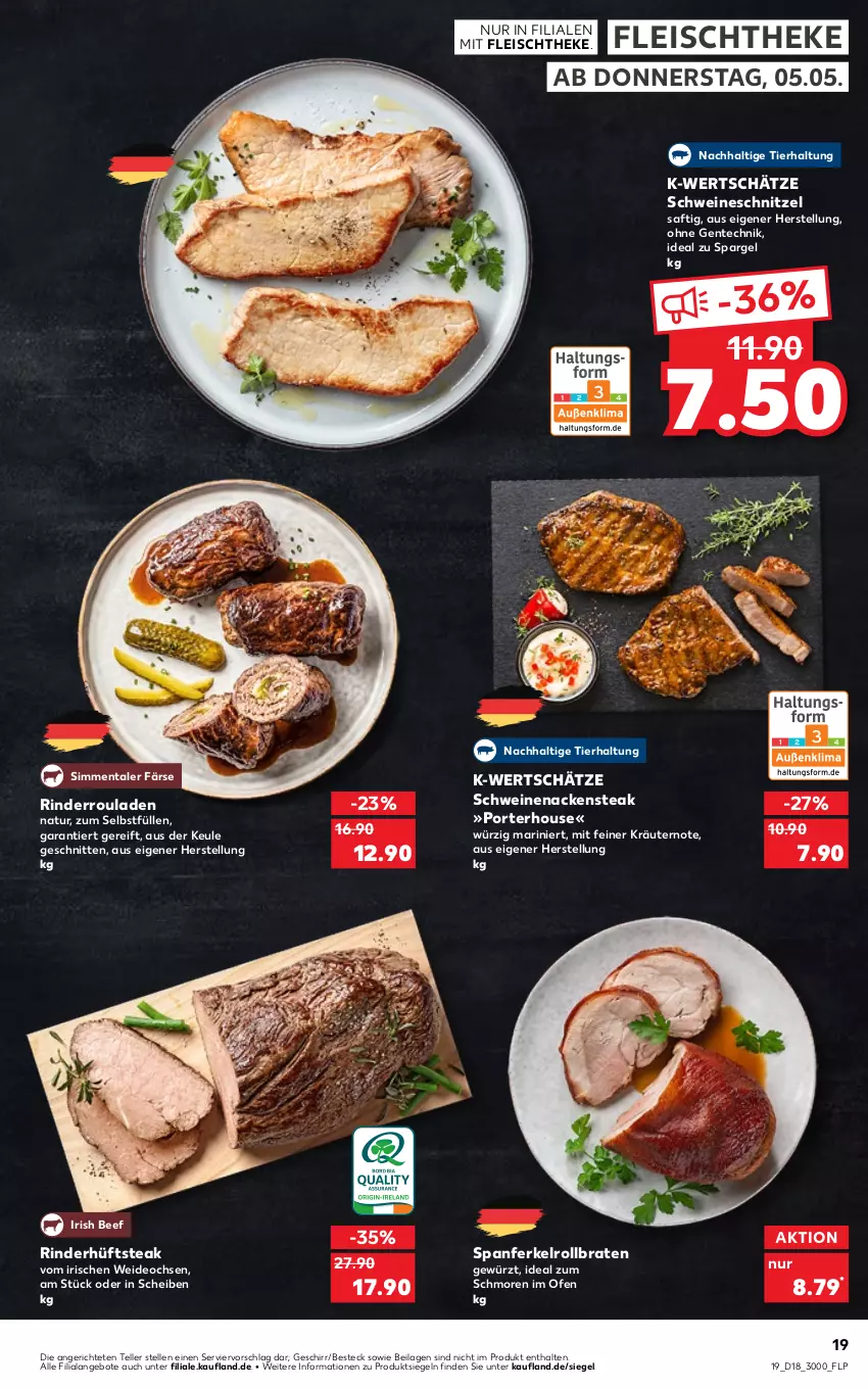 Aktueller Prospekt Kaufland - von 05.05 bis 11.05.2022 - strona 19 - produkty: angebot, angebote, beef, besteck, braten, deo, eis, elle, ente, fleisch, geschirr, gewürz, hüftsteak, ilag, kräuter, kräutern, Nackensteak, natur, Ofen, rind, rinder, Rinderroulade, rinderrouladen, rollbraten, rouladen, saft, schnitten, schnitzel, schwein, schweine, schweinenacken, schweineschnitzel, sim, spargel, steak, teller, Ti, wein, weine