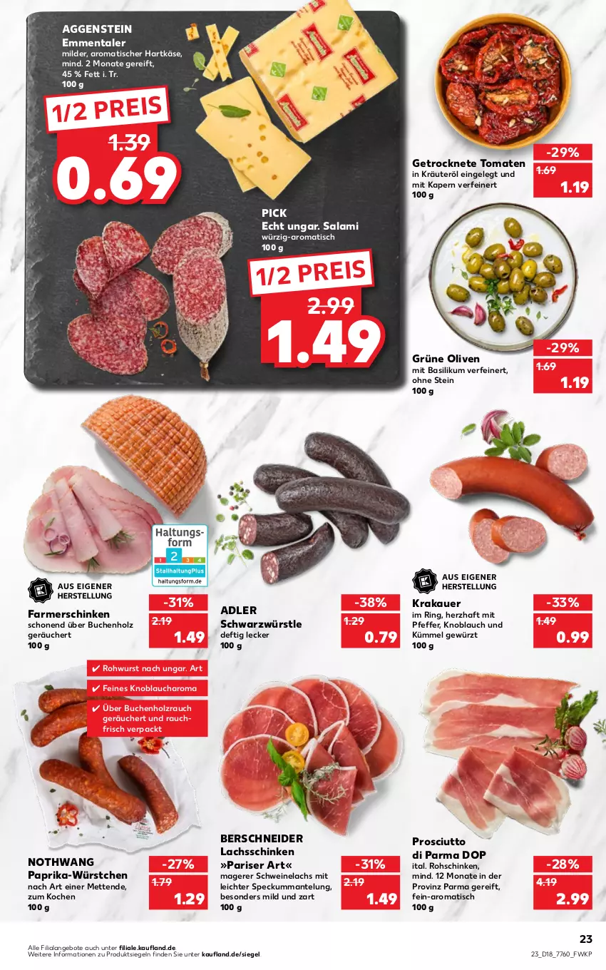 Aktueller Prospekt Kaufland - von 05.05 bis 11.05.2022 - strona 23 - produkty: angebot, angebote, auer, basilikum, buch, eis, emmentaler, farmerschinken, Getrocknete Tomaten, gewürz, grüne oliven, hartkäse, Holz, Käse, knoblauch, krakauer, kräuter, lachs, lachsschinken, Mantel, Mett, metten, olive, oliven, paprika, pfeffer, prosciutto, Prosciutto di Parma, Rauch, reis, ring, rohschinken, Rohwurst, salami, schinken, schwein, schweine, Schweinelachs, Speck, Ti, tisch, tomate, tomaten, wein, weine, wurst, würstchen