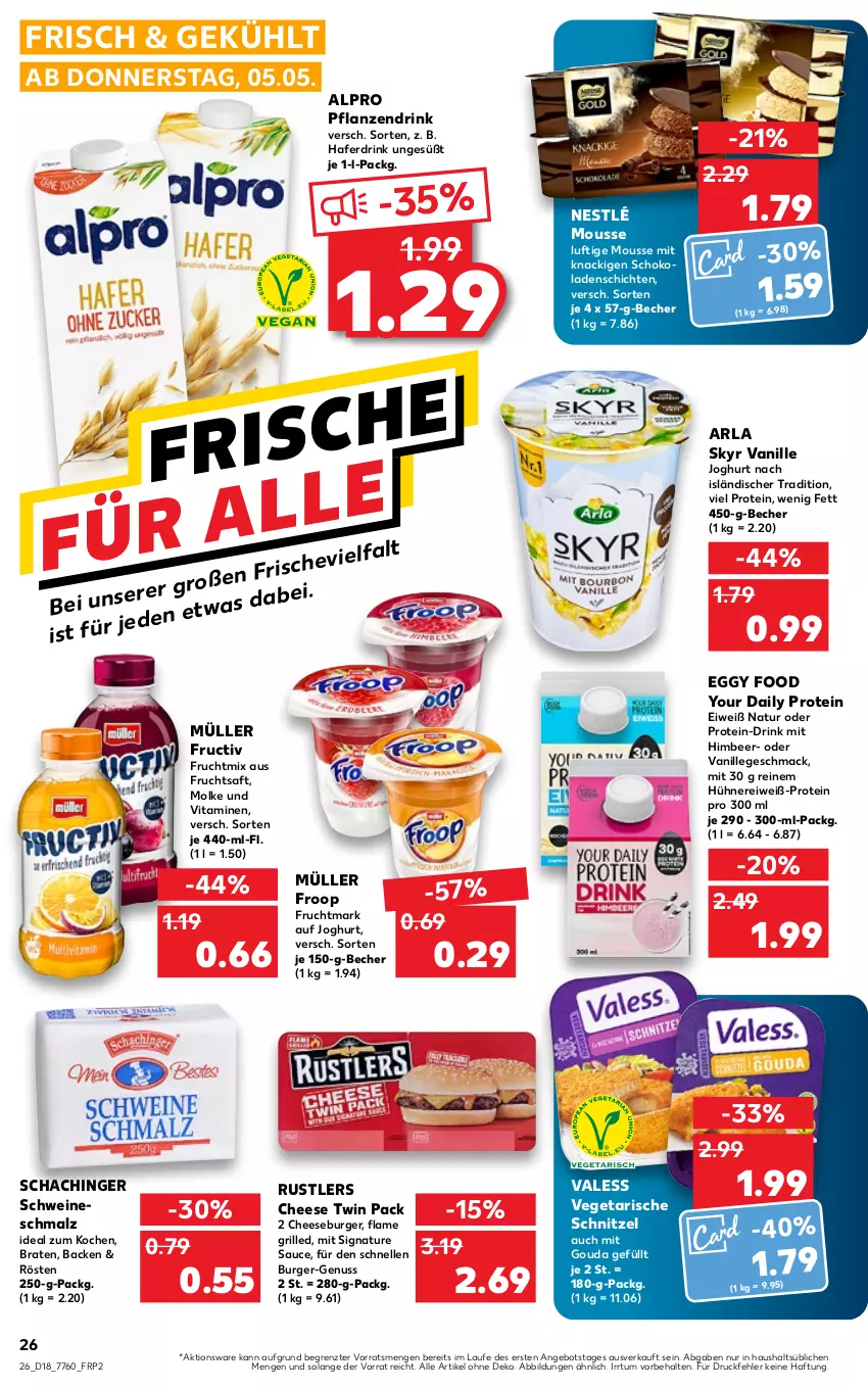 Aktueller Prospekt Kaufland - von 05.05 bis 11.05.2022 - strona 26 - produkty: alpro, angebot, arla, arla skyr, Becher, braten, burger, drink, elle, froop, frucht, Fruchtmark, fruchtsaft, gouda, grill, hafer, Haferdrink, himbeer, hühner, joghur, joghurt, joghurt nach, mac, malz, mit gouda, mousse, Müller, müller froop, natur, nestlé, nuss, pflanze, pflanzen, saft, sauce, Schmalz, schnitzel, schoko, schokolade, schokoladen, schwein, schweine, sim, Skyr, Ti, vanille, Vegeta, vita, Vitamine, wein, weine, Yo, ZTE