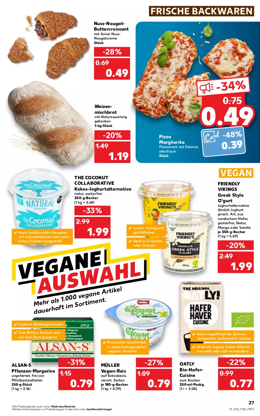 Aktueller Prospekt Kaufland - von 05.05 bis 11.05.2022 - strona 27 - produkty: angebot, angebote, auer, backwaren, Becher, bio, braten, brot, butter, coconut, creme, Croissant, edamer, eis, elle, erde, frische backwaren, früchte, früchten, geback, hafer, joghur, joghurt, kokos, Löffel, mac, mango, margarine, margherita, milch, Müller, natur, ndk, Nougatcreme, nuss, Ofen, pflanze, pflanzen, pizza, reis, rezept, rezepte, Ria, rwe, sahne, snack, Ti, vanille, Vegane Sahne, weizenmischbrot, zucker